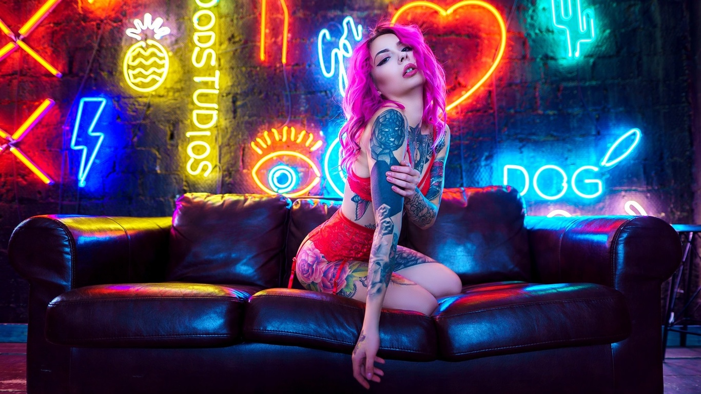 women, dyed hair, red lingerie, neon, women indoors, garter belt, tattoo, nose ring, wall, couch, pink hair, kneeling, ass, eyeliner, wooden floor