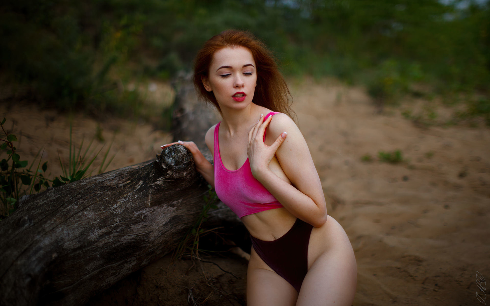 women, redhead, belly, red lipstick, women outdoors, tank top, panties