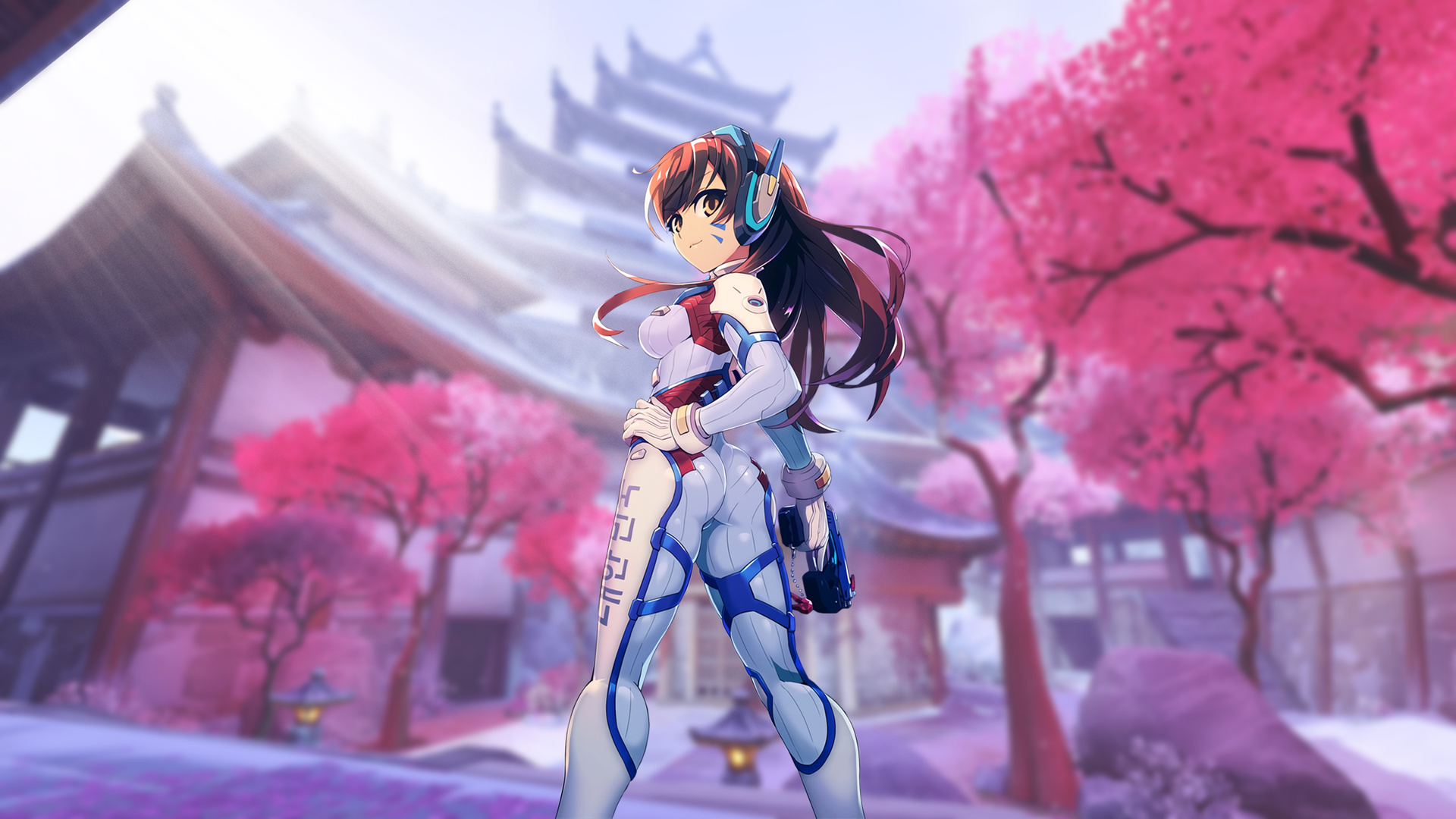 game, girl, ass, latex, overwatch, cherry, blossom, d.va, headphones, anime, white