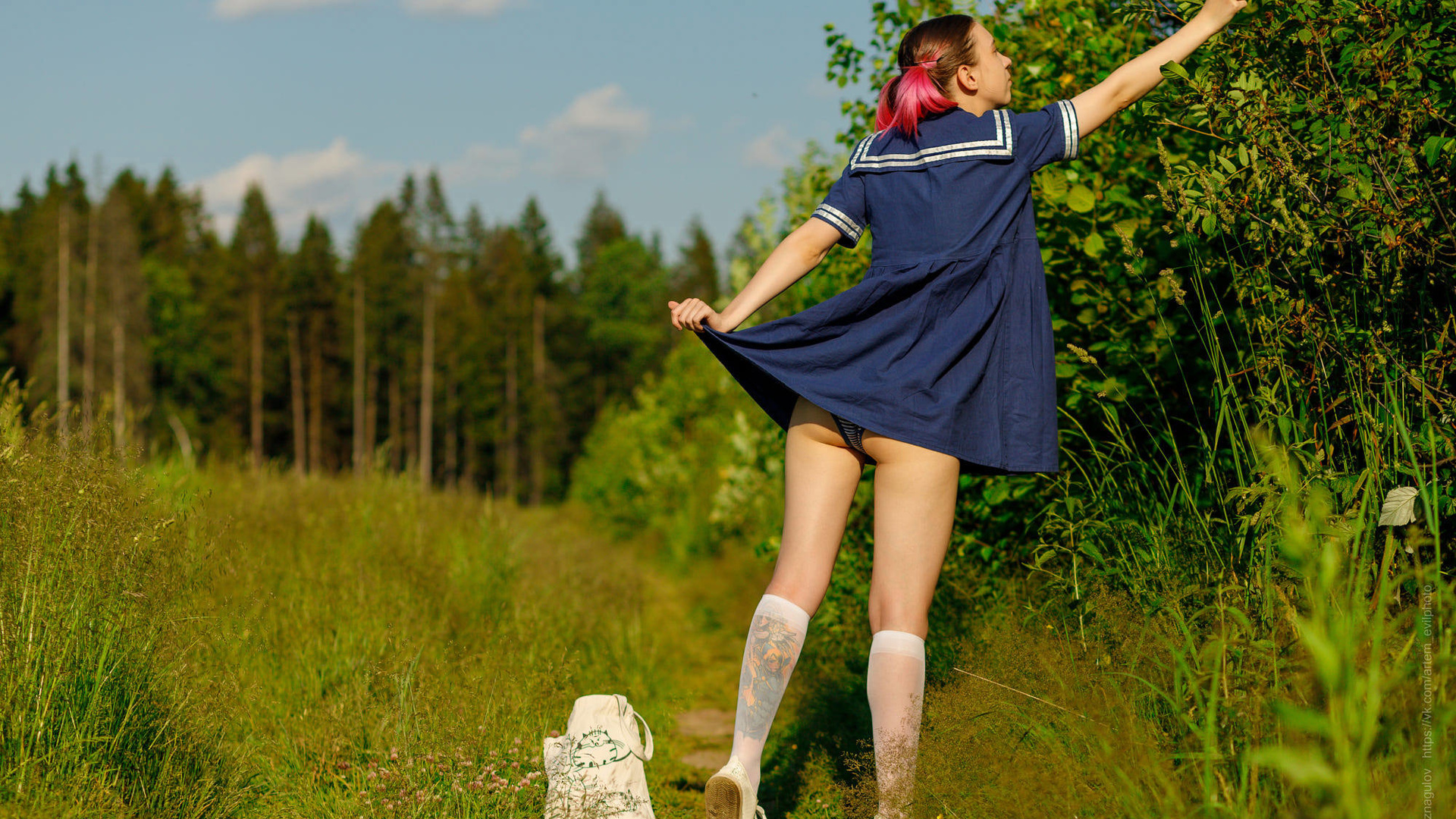 women, pigtails, dyed hair, blue dress, handbags, ass, panties, women outdoors, trees, tattoo, white stockings, sky, clouds, shoes