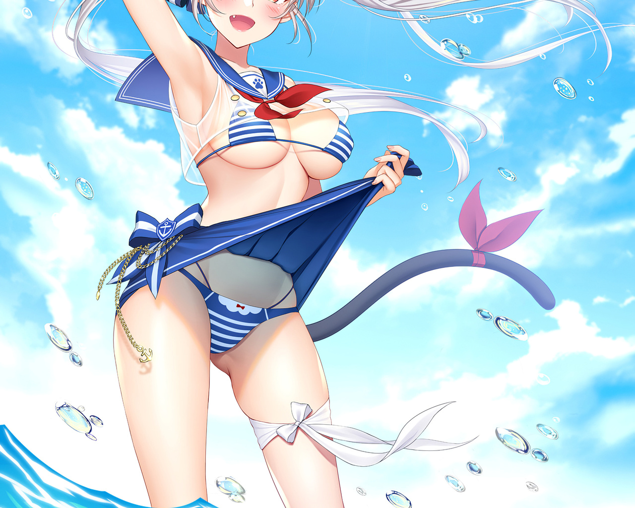 bikini, anime, girl, beach, sexy, cat, clouds, sky, beautiful, cute, pretty, water, wet