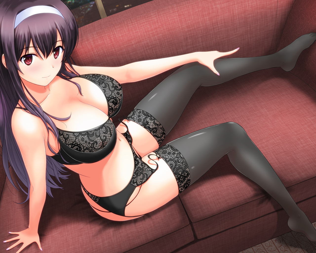 girl, brunette, panties, bra, window, sexy, woman, women, cute, sexy, pretty, perfect, anime, lingerie, sofa, satou chagashi, kasumigaoka utaha, saenai heroine no sodatekata