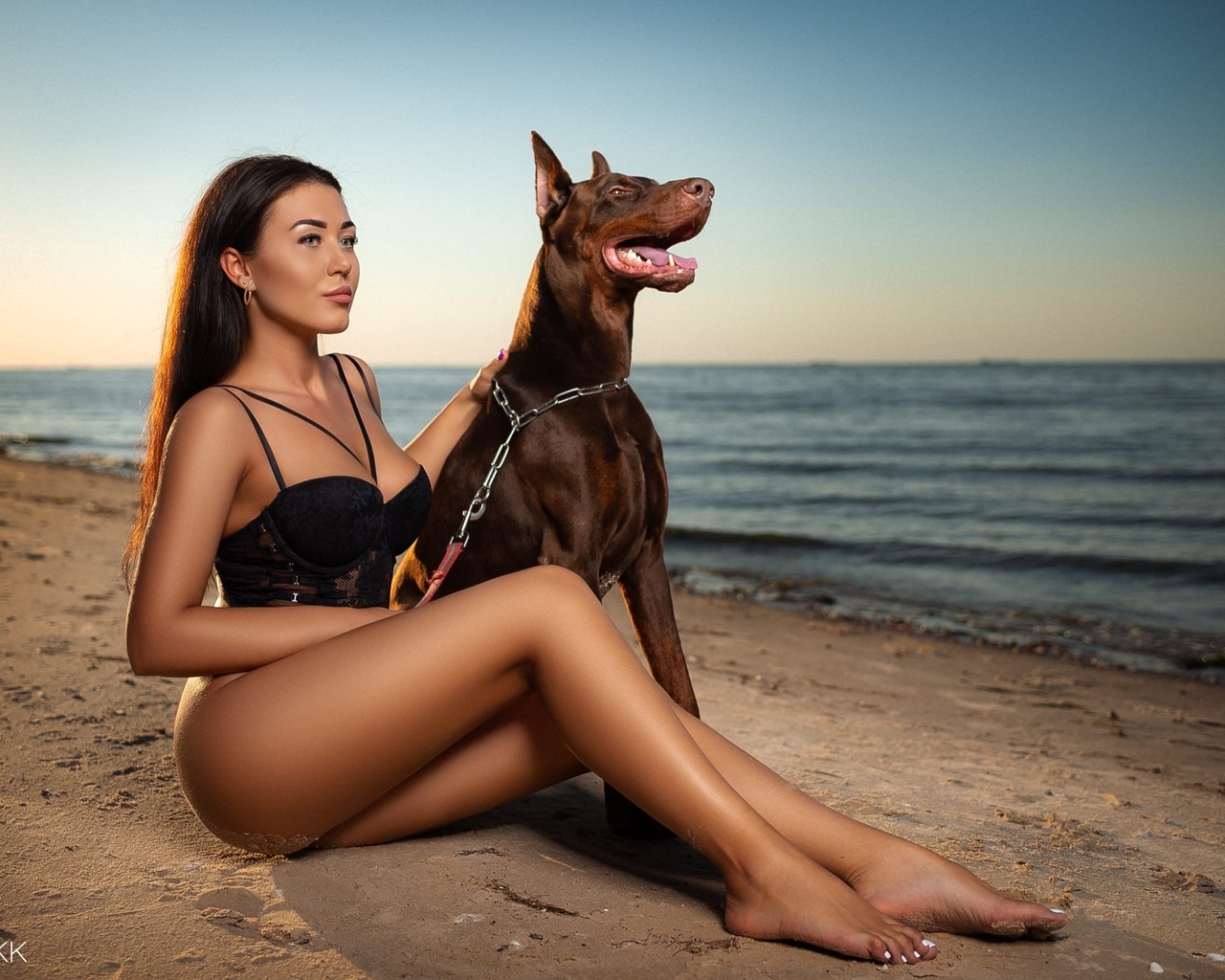 women, sergey gokk, sitting, beach, sand, sea, dog, black lingerie, ass, sand covered, sky, women outdoors, chains, brunette, animals