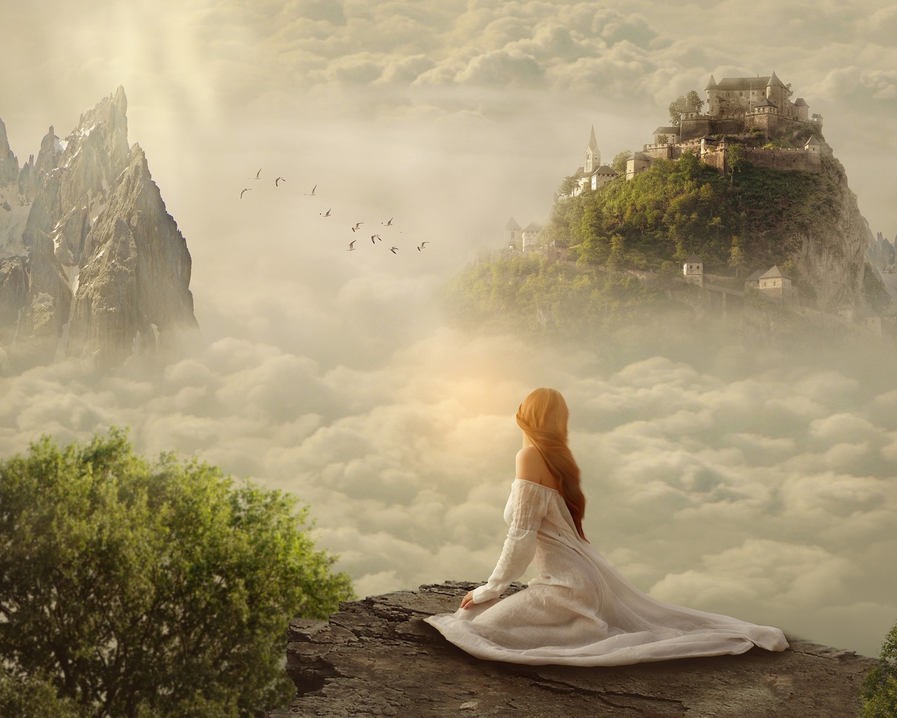 fantasy girl, white dress, mist, clouds, castle