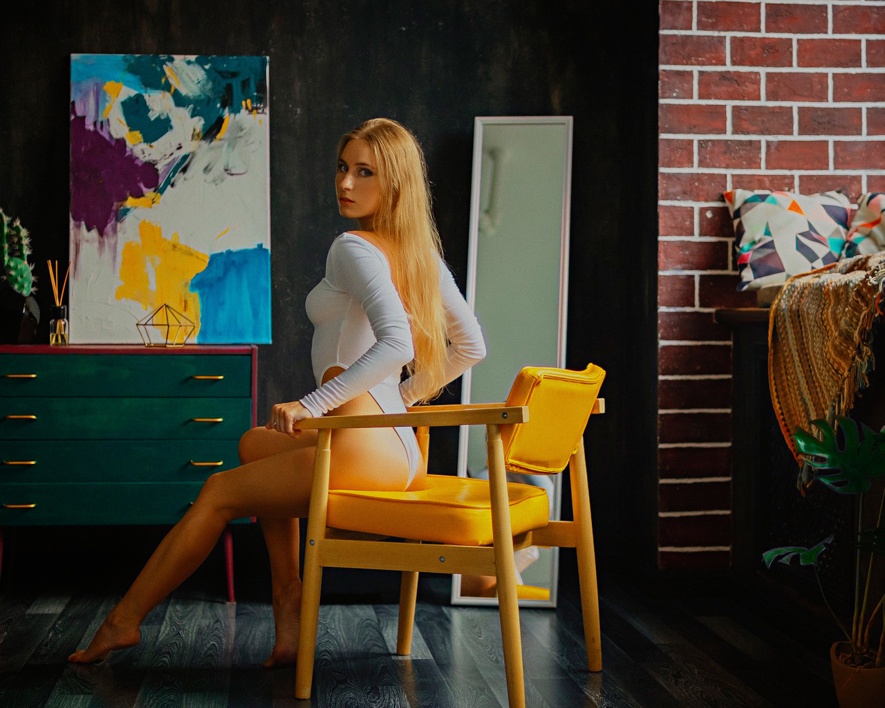 women, blonde, chair, women indoors, brunette, long hair, bodysuit, ass, sitting, mirror, reflection, window, plants, looking at viewer, picture