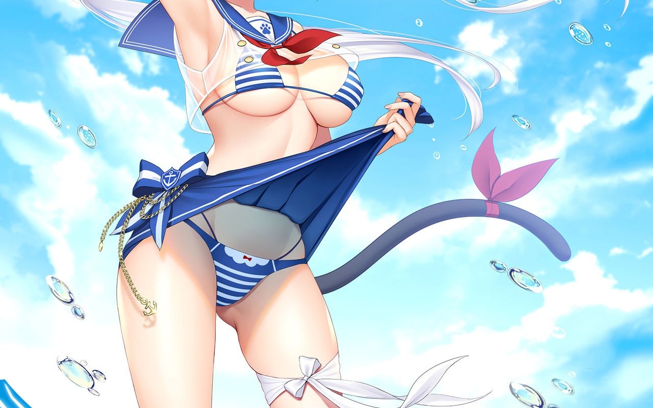 bikini, anime, girl, beach, sexy, cat, clouds, sky, beautiful, cute, pretty, water, wet