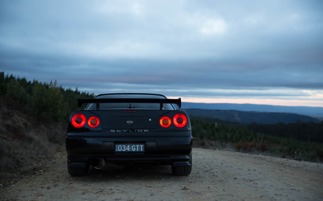 nissan skyline, r34, road, car, black car, nature