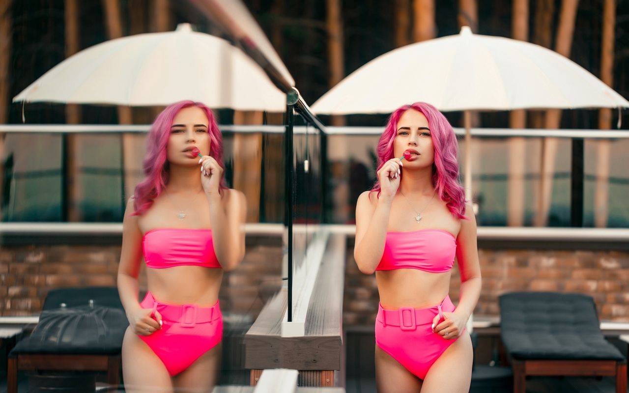 women, dyed hair, pink hair, swimwear, women outdoors, lollipop, belly, reflection, necklace, white nails, glass, gray eyes, trees