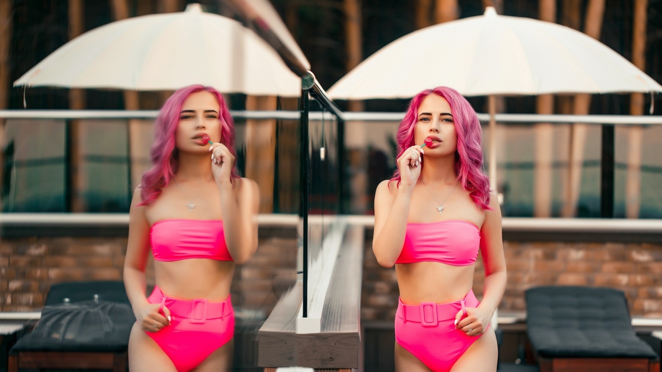 women, dyed hair, pink hair, swimwear, women outdoors, lollipop, belly, reflection, necklace, white nails, glass, gray eyes, trees