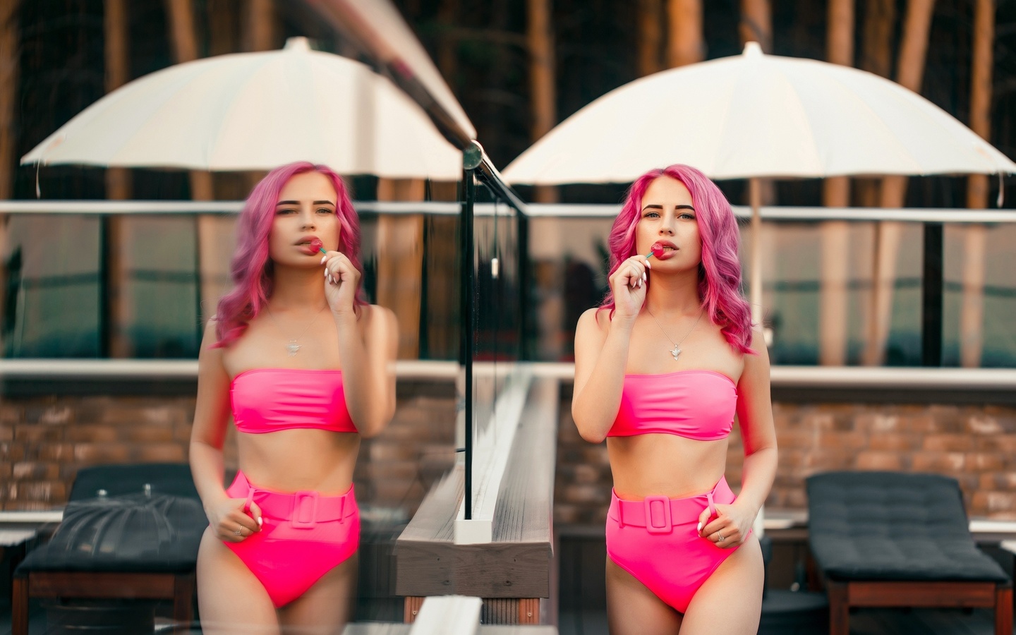 women, dyed hair, pink hair, swimwear, women outdoors, lollipop, belly, reflection, necklace, white nails, glass, gray eyes, trees