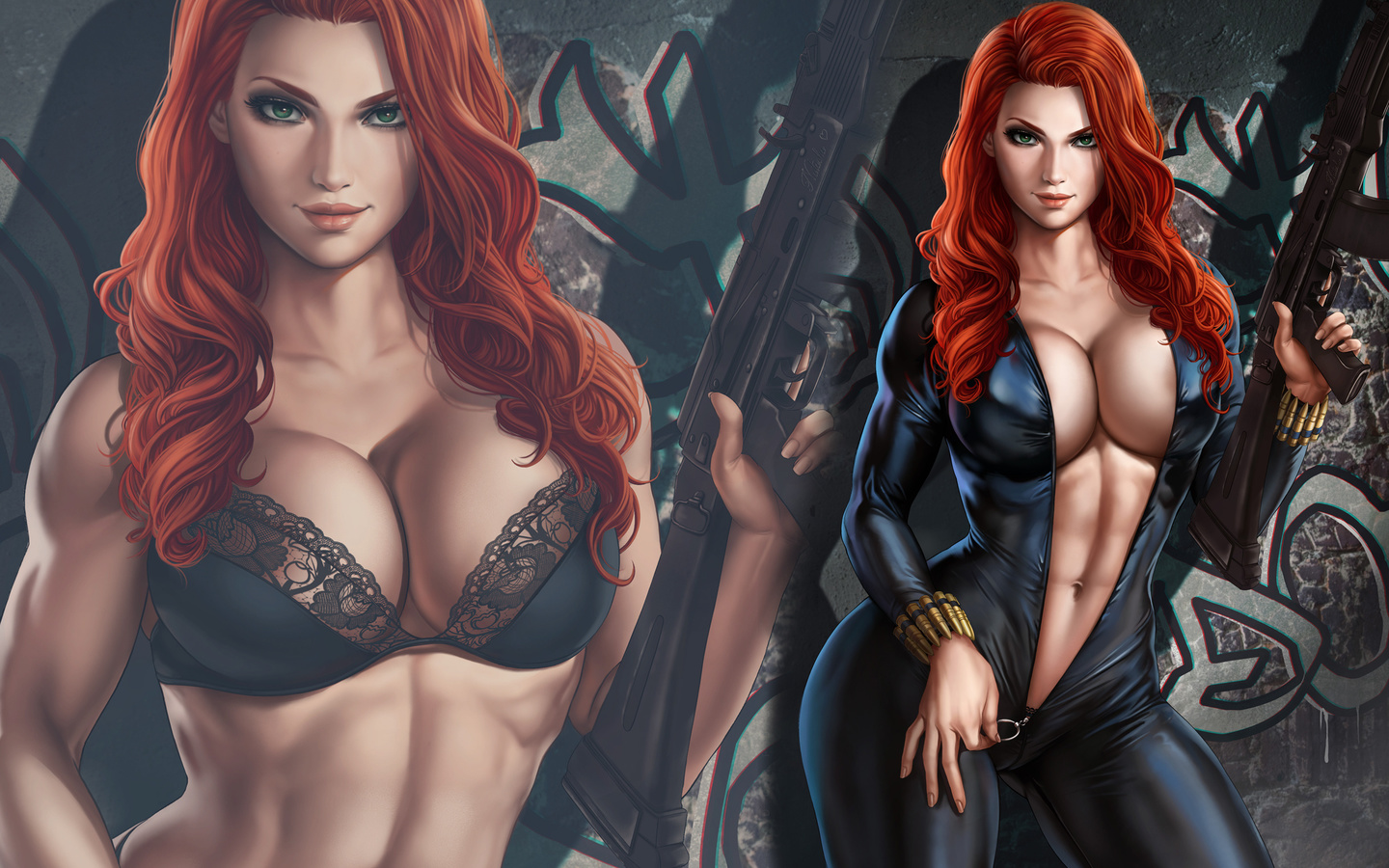 black widow, marvel, girl, sexy, anime, redhead, weapons, hot, women, woman, bra, panties, lingerie, black widow, marvel, dandon fuga