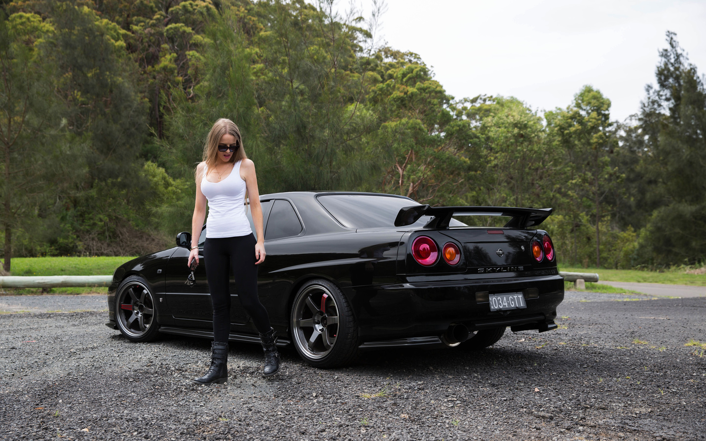 nissan skyline, r34, road, car, black car, nature, girl, blonde, glasses