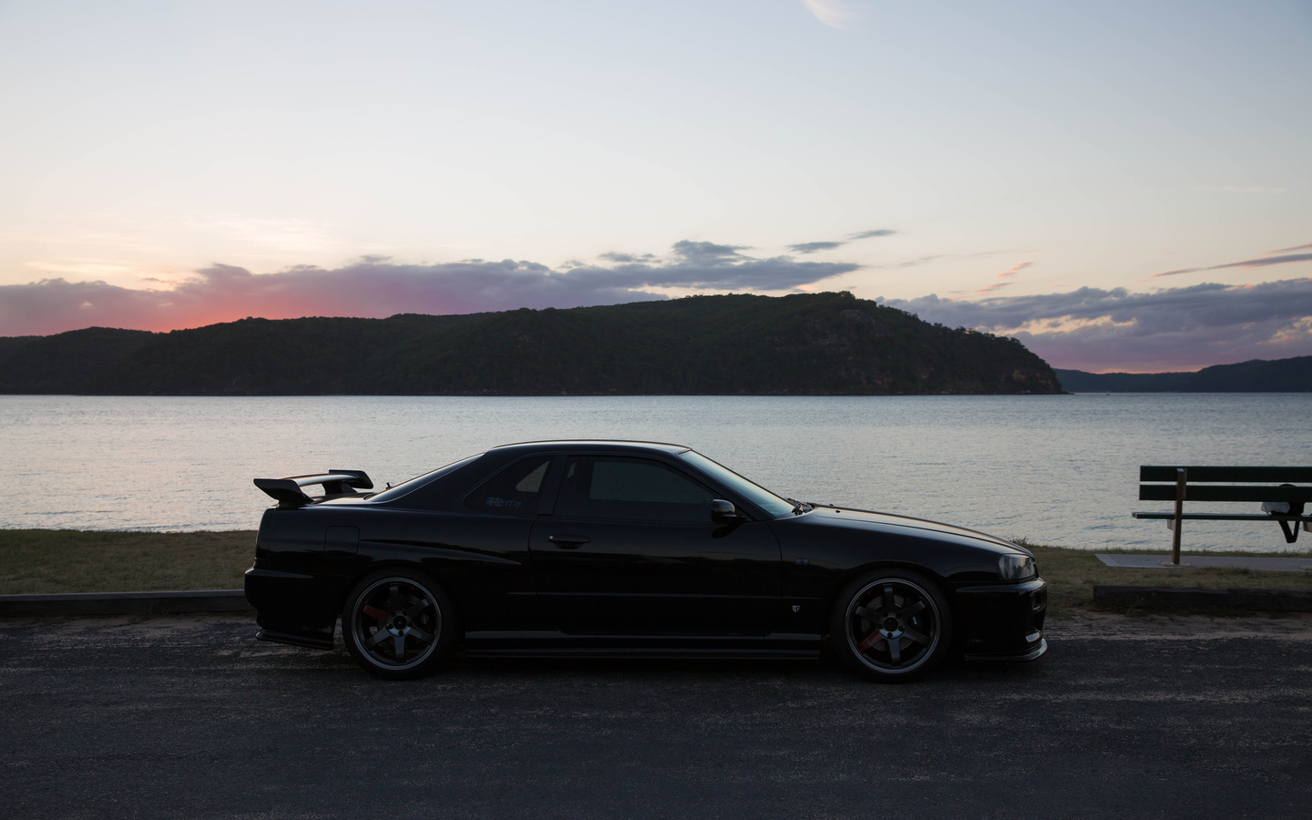 nissan skyline, r34, road, car, black car, nature, lake