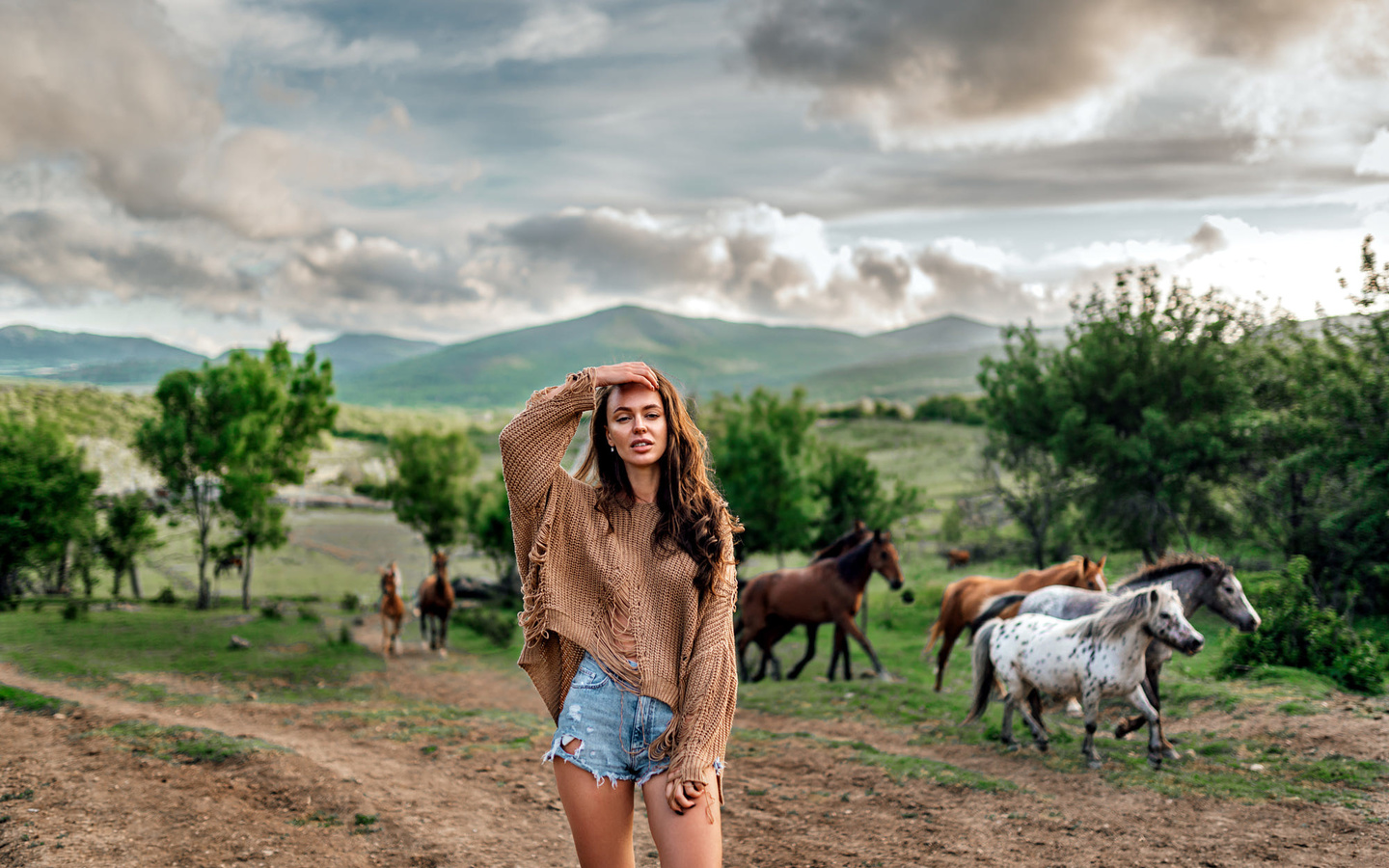 women, jean shorts, brunette, horse, sky, clouds, women outdoors, animals, mountains, trees, nature