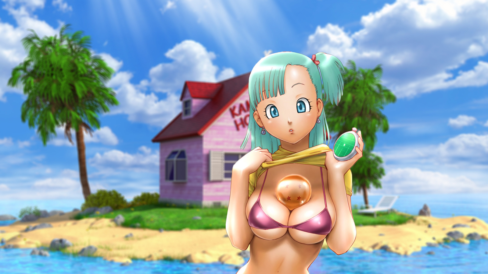 bulma, girl, dragon ball, girl, blonde, anime, sexy, woman, bikini, beach, boobs