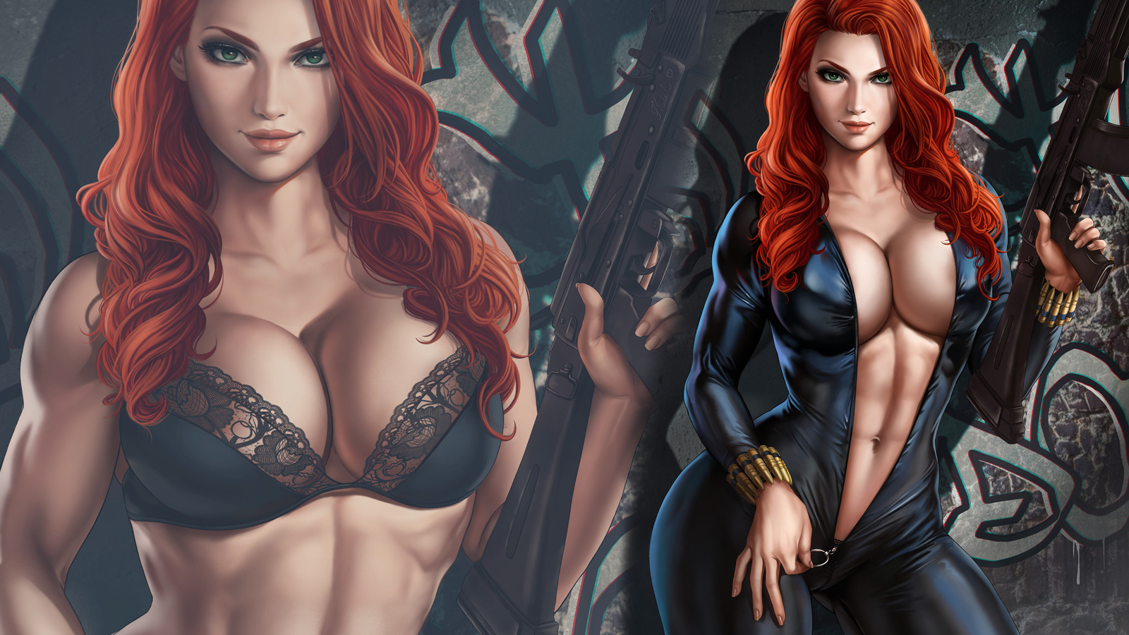 black widow, marvel, girl, sexy, anime, redhead, weapons, hot, women, woman, bra, panties, lingerie, black widow, marvel, dandon fuga