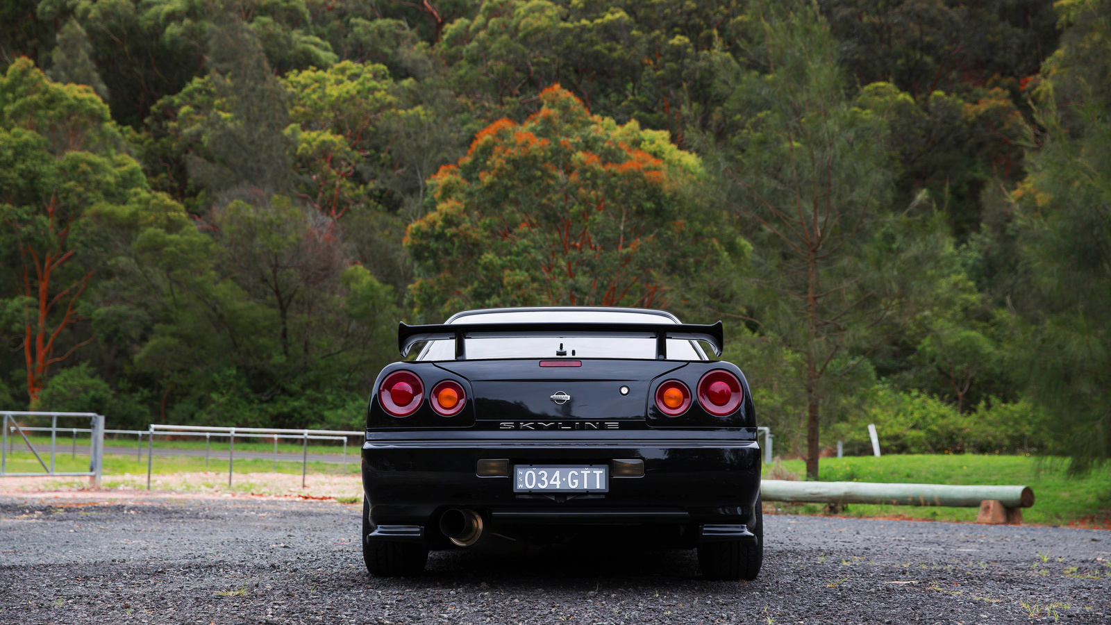 nissan skyline, r34, road, car, black car, nature