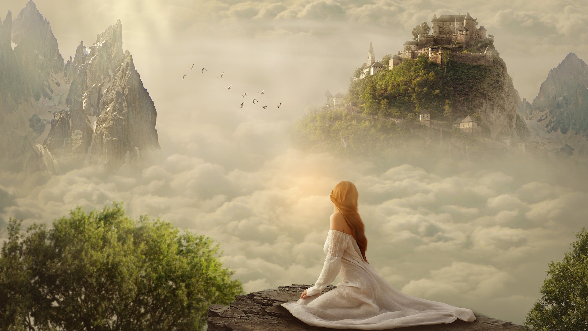 fantasy girl, white dress, mist, clouds, castle