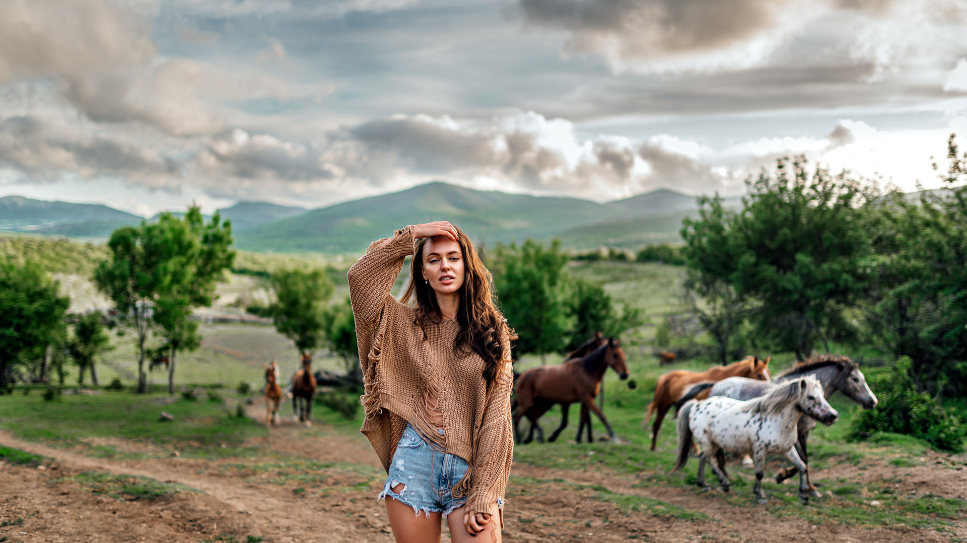 women, jean shorts, brunette, horse, sky, clouds, women outdoors, animals, mountains, trees, nature