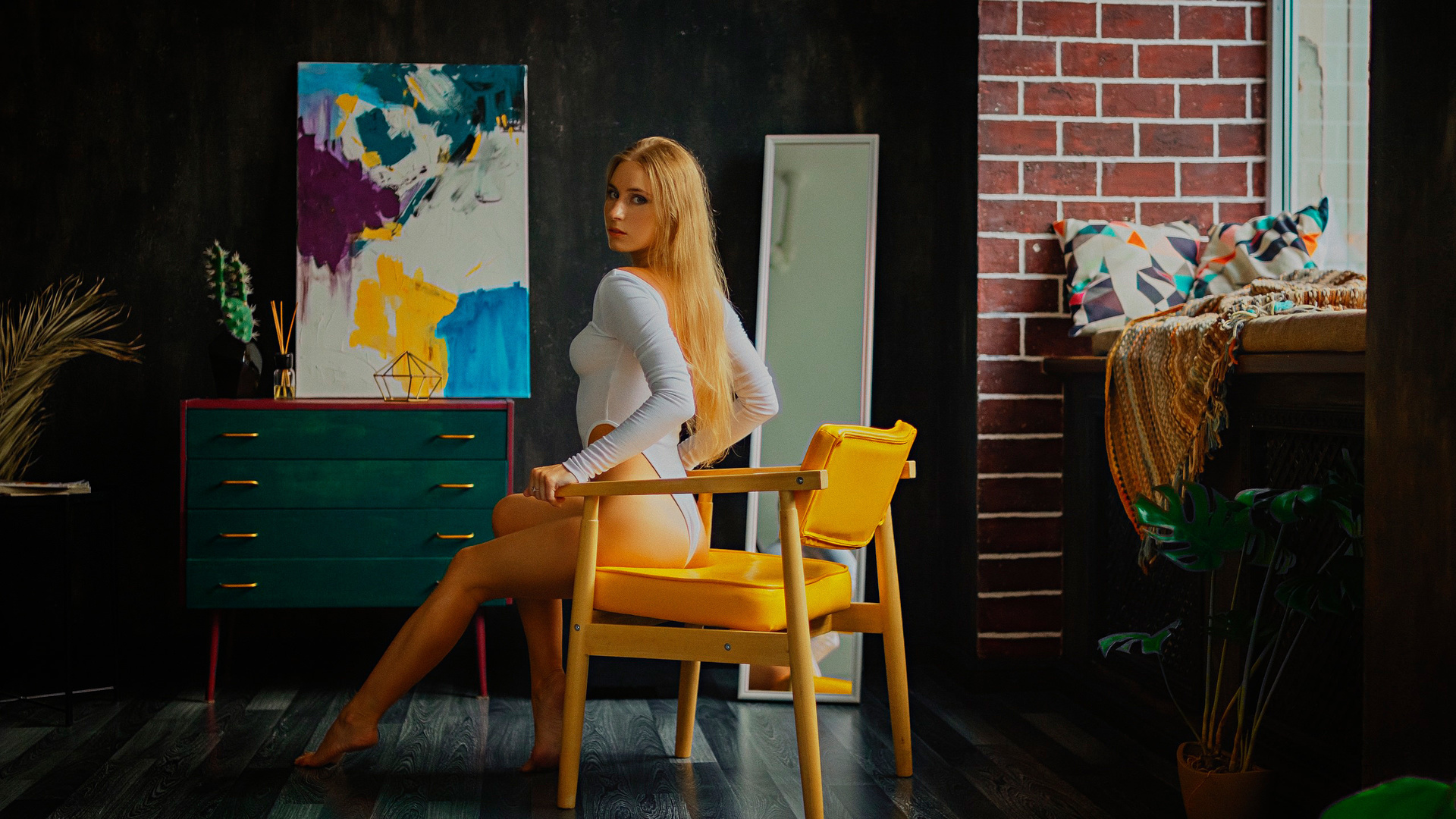 women, blonde, chair, women indoors, brunette, long hair, bodysuit, ass, sitting, mirror, reflection, window, plants, looking at viewer, picture