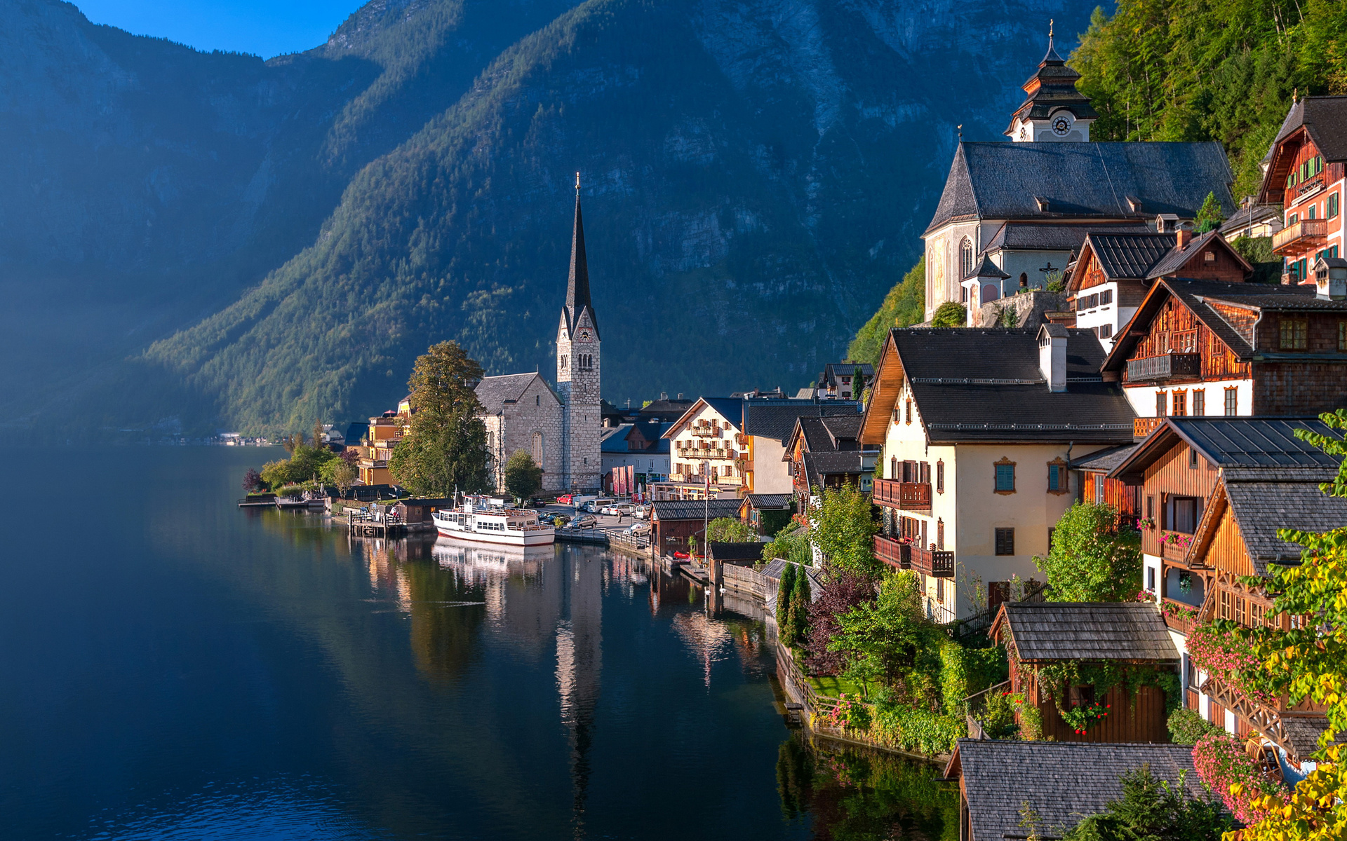 Картинки городской, пейзаж, халльштатт, гальштат, австрия, hallstatt,  озеро, горы, город, община, дома, - обои 1920x1200, картинка №408178