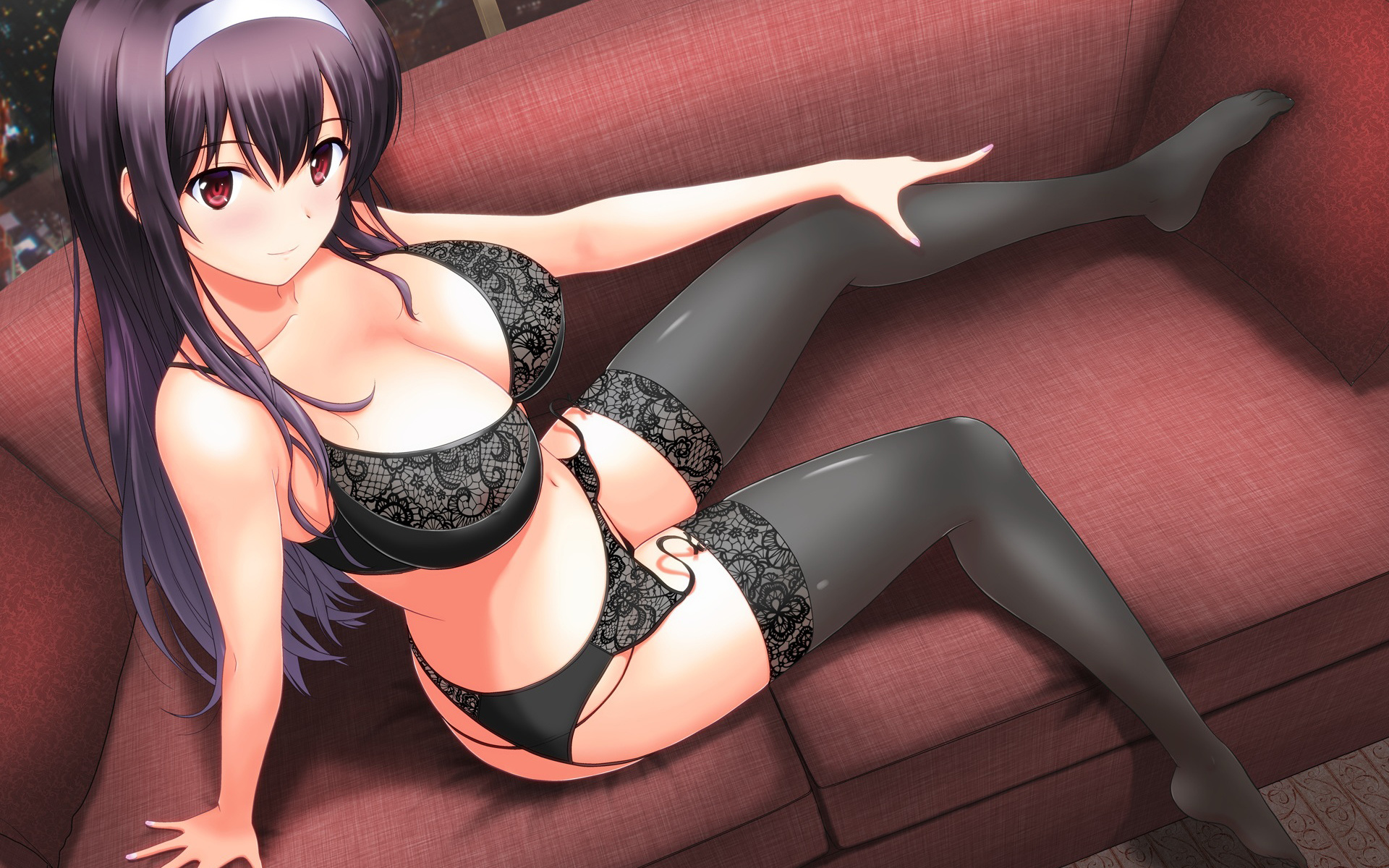 girl, brunette, panties, bra, window, sexy, woman, women, cute, sexy, pretty, perfect, anime, lingerie, sofa, satou chagashi, kasumigaoka utaha, saenai heroine no sodatekata