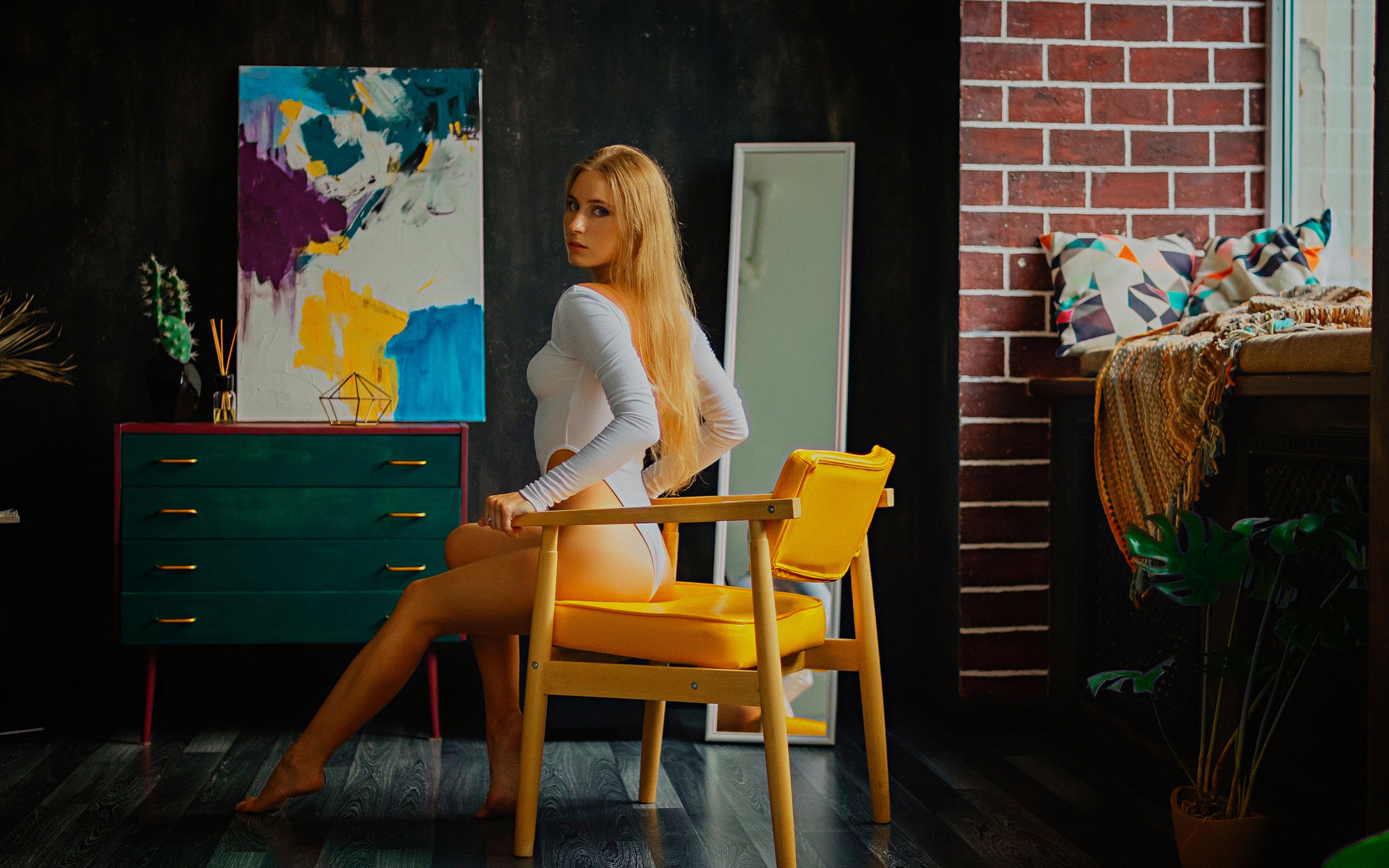 women, blonde, chair, women indoors, brunette, long hair, bodysuit, ass, sitting, mirror, reflection, window, plants, looking at viewer, picture