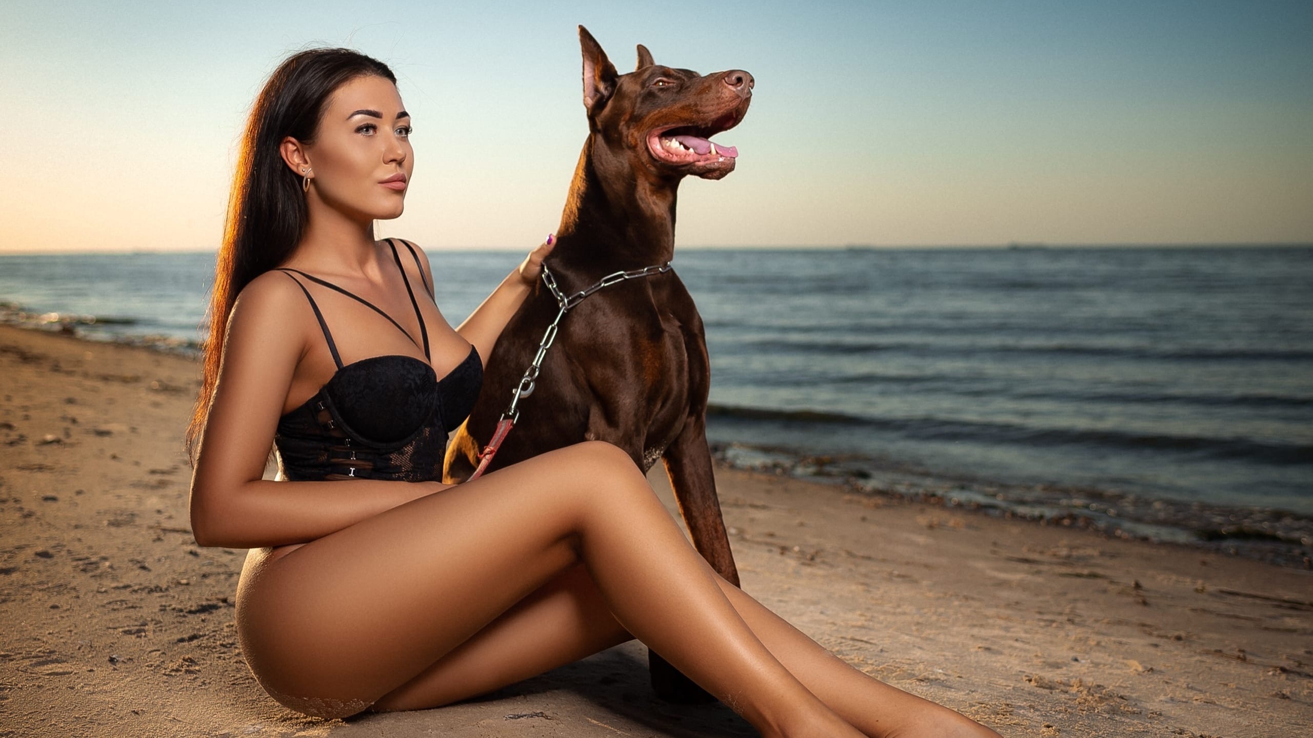 women, sergey gokk, sitting, beach, sand, sea, dog, black lingerie, ass, sand covered, sky, women outdoors, chains, brunette, animals