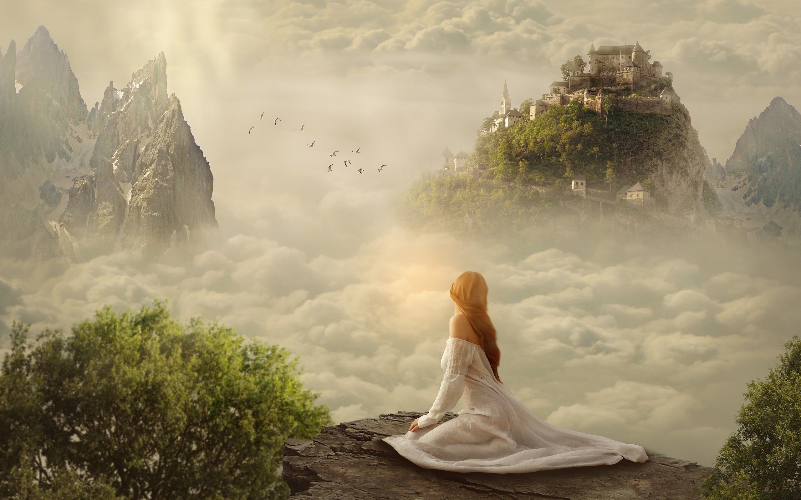 fantasy girl, white dress, mist, clouds, castle