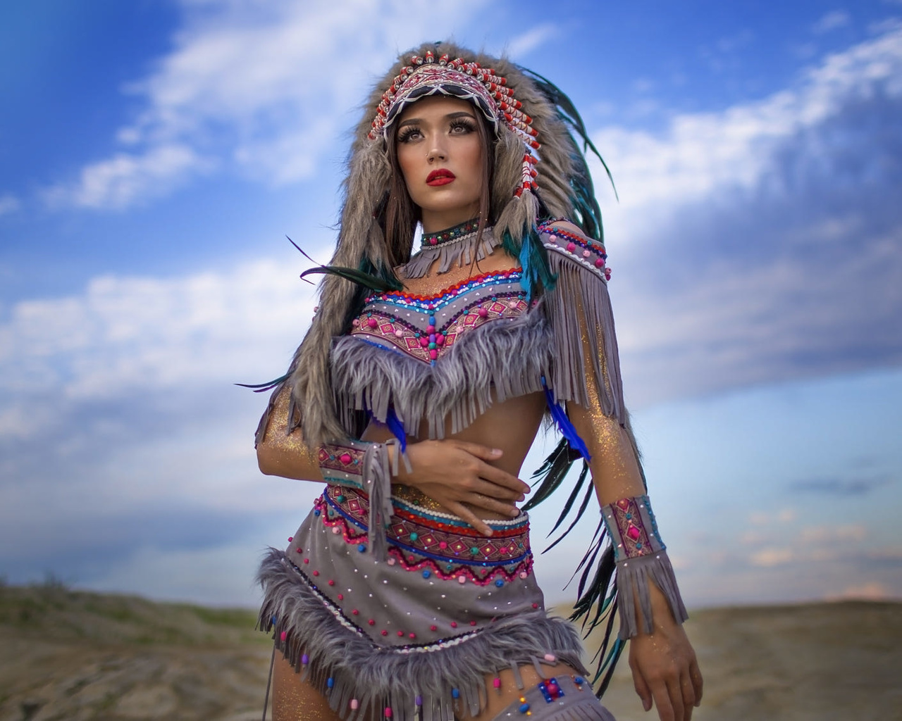 women, feathers, sky, clouds, red lipstick, women outdoors