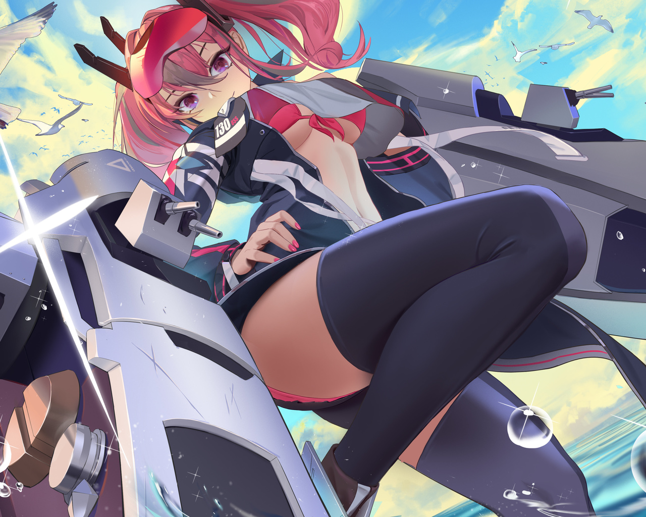 anime girl, girl, beautiful, art, azur lane, dress, bikini, stockings, beach, weapons, redhead