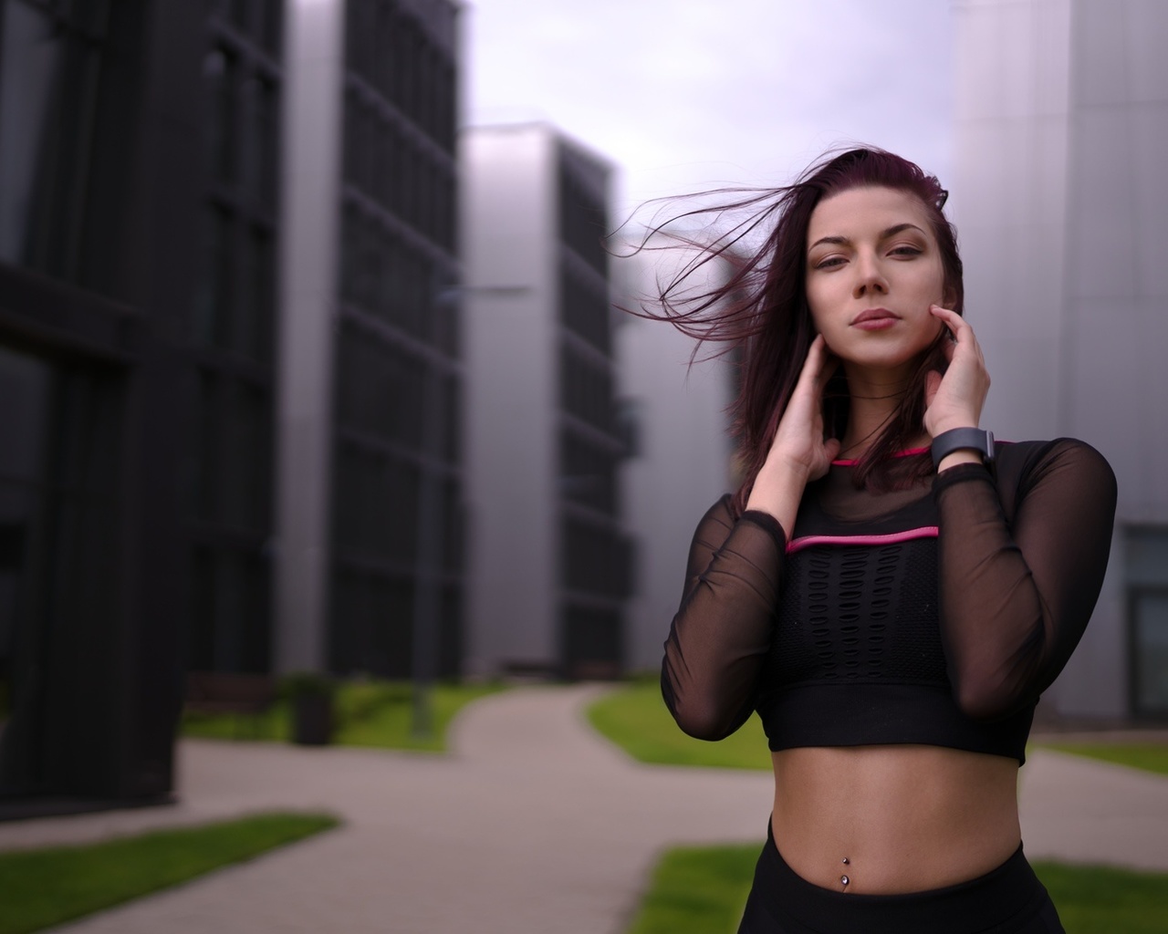 women, belly, pierced navel, portrait, building, black clothing, ivan lebedev