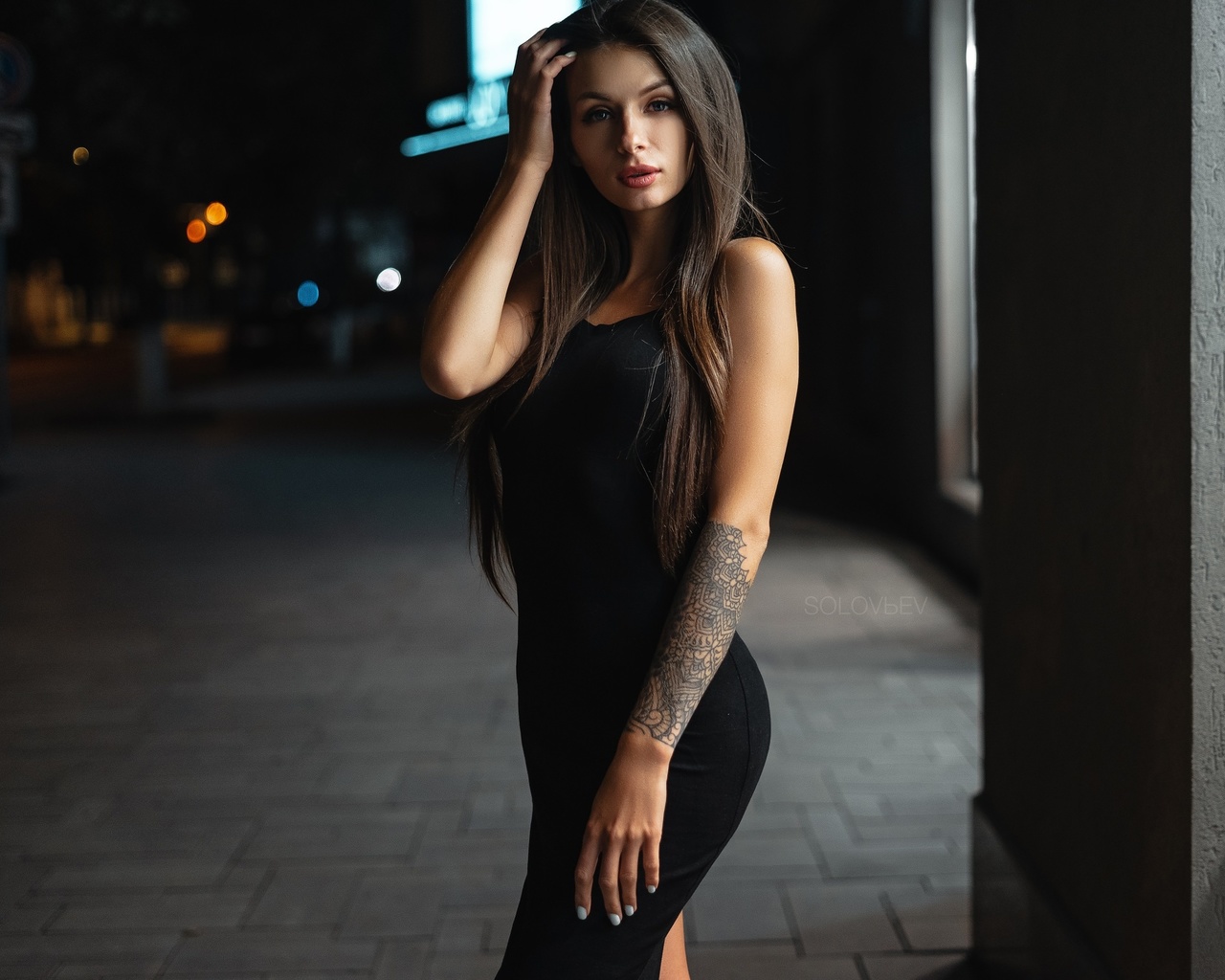 alyona elizarova, artem solovev, black dress, brunette, women, tattoo, long hair