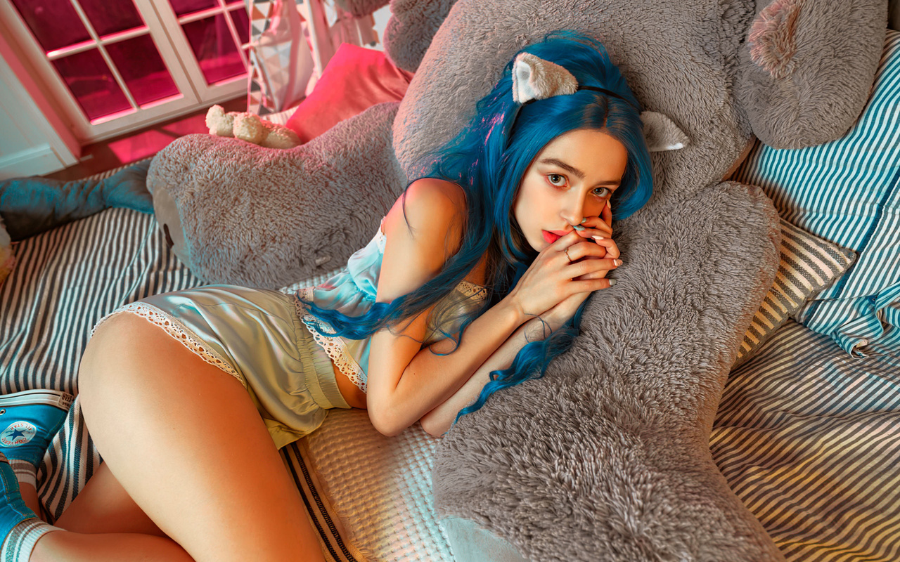 women, blue eyes, ass, converse, teddy bears, in bed, dyed hair, underwear, socks, women indoors, long hair, door,  