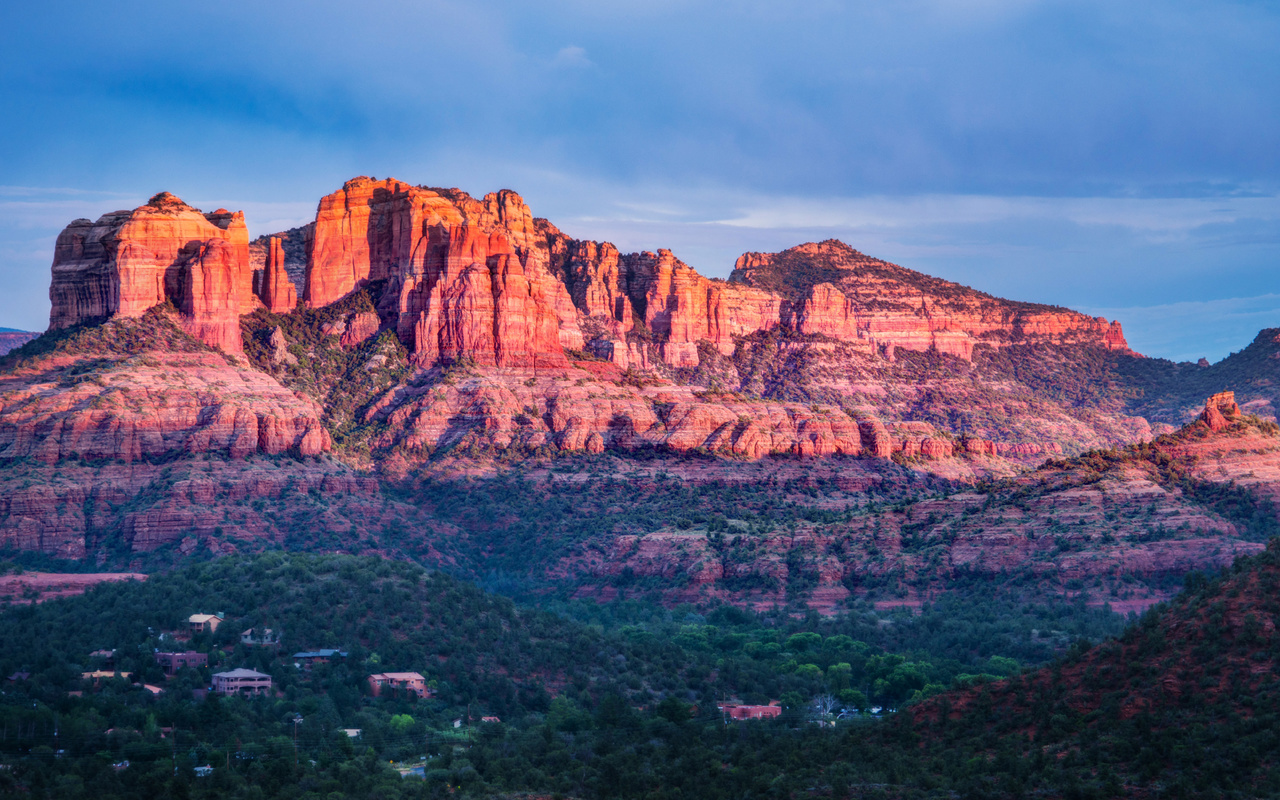 sedona, red, rocks, valley, mountain range, sunset, sky view, blue, green, trees, landscape