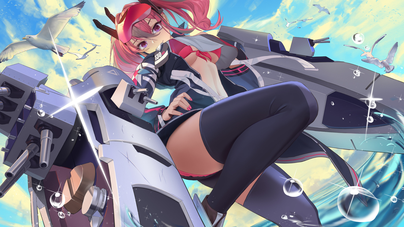 anime girl, girl, beautiful, art, azur lane, dress, bikini, stockings, beach, weapons, redhead