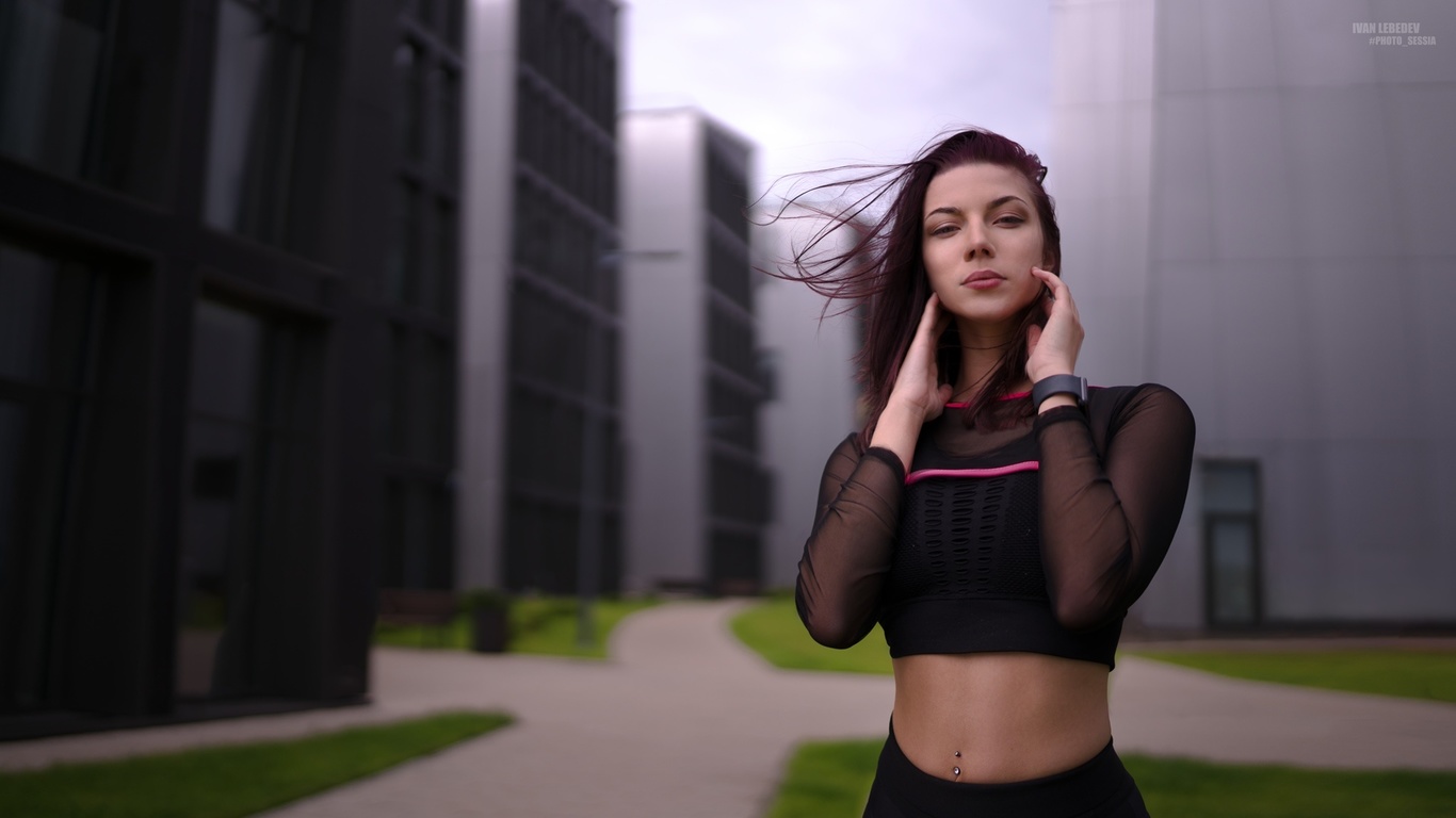 women, belly, pierced navel, portrait, building, black clothing, ivan lebedev