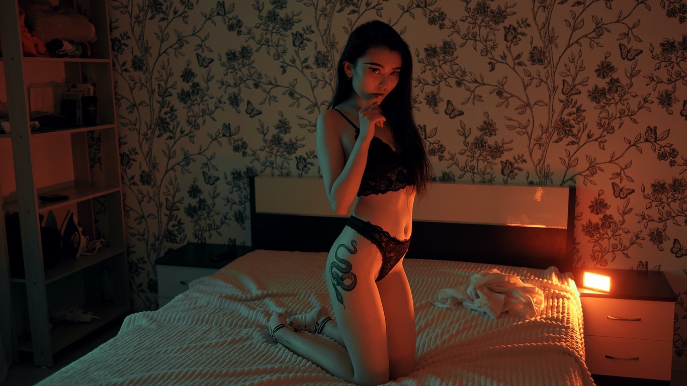 women, kneeling, belly, black lingerie, black hair, in bed, wall, women indoors, tattoo, socks, finger on lips, asian, cleavage