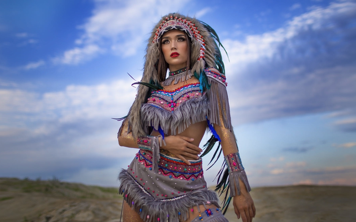 women, feathers, sky, clouds, red lipstick, women outdoors