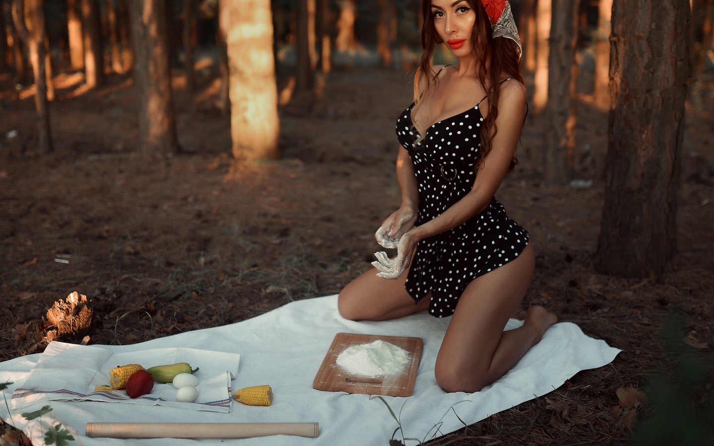 women, brunette, kneeling, women outdoors, black dress, pepper, corn, flour, eggs, red lipstick, trees, rolling pin, eyeliner, polka dots