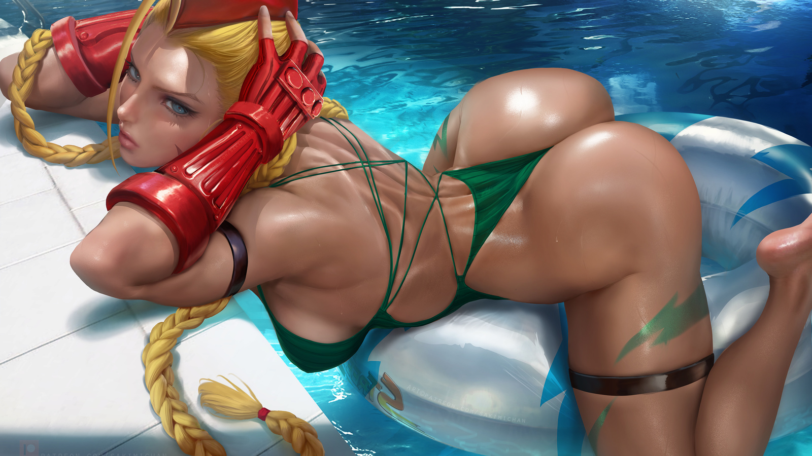 cammy, street fighter, cammy green, illustration, girl, blonde, ass, swimming pool, game, anime girl, green bikini, green swimwear, blue eyes