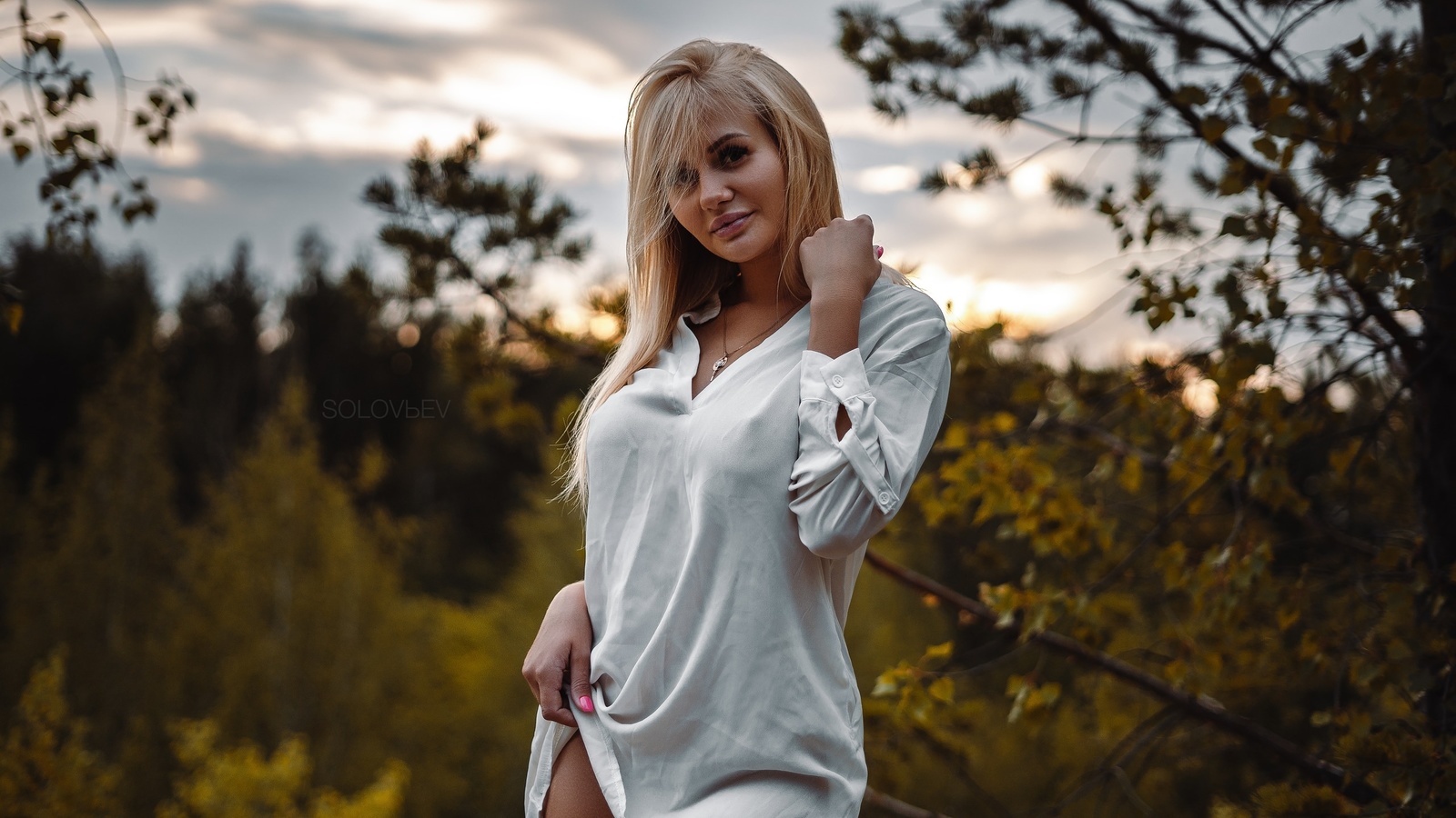 women, blonde, arina semionova, artem solovev, white shirt, brunette, smiling, nipples through clothing, necklace