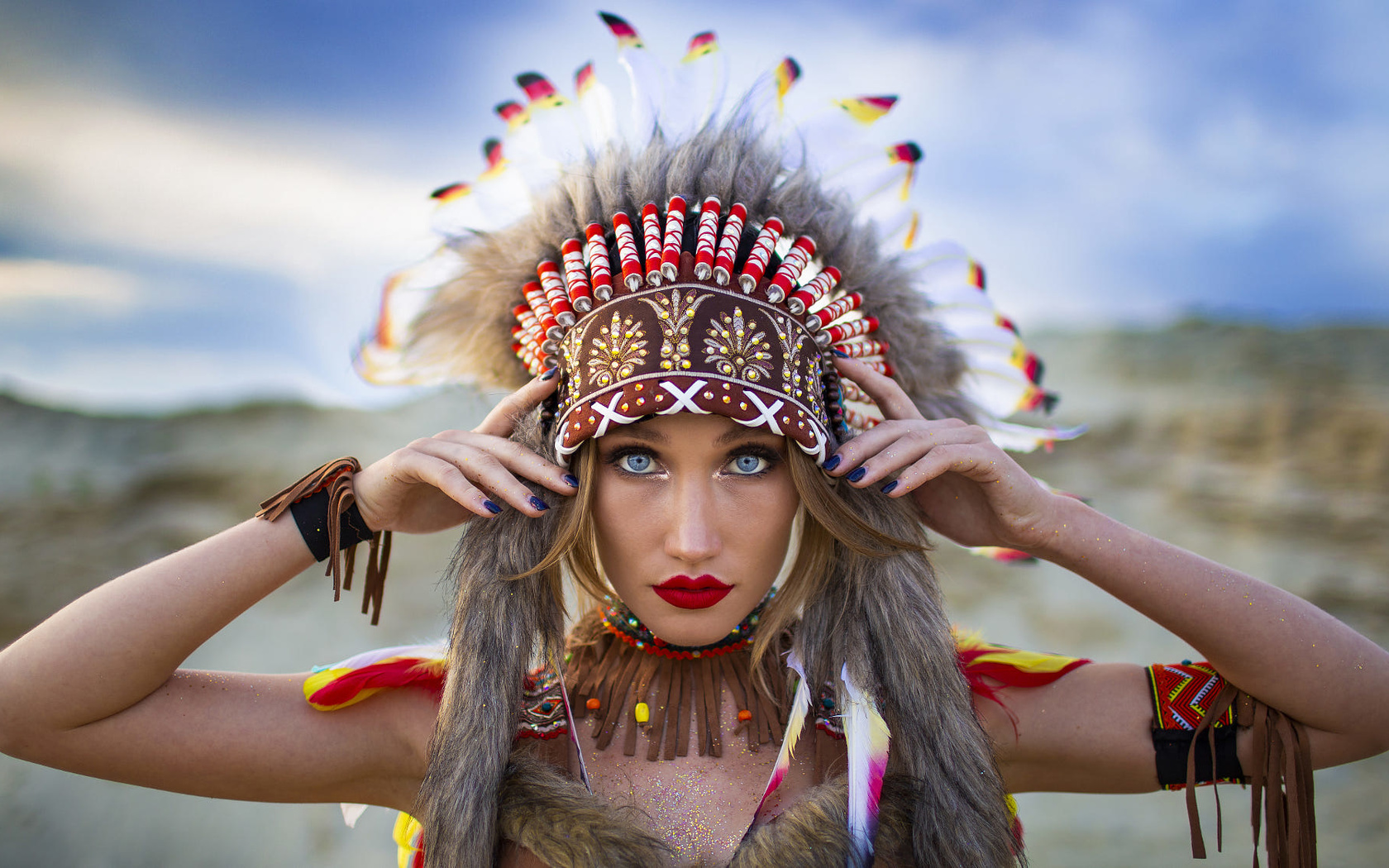 women, feathers, blue nails, red lipstick, blue eyes, women outdoors, portrait