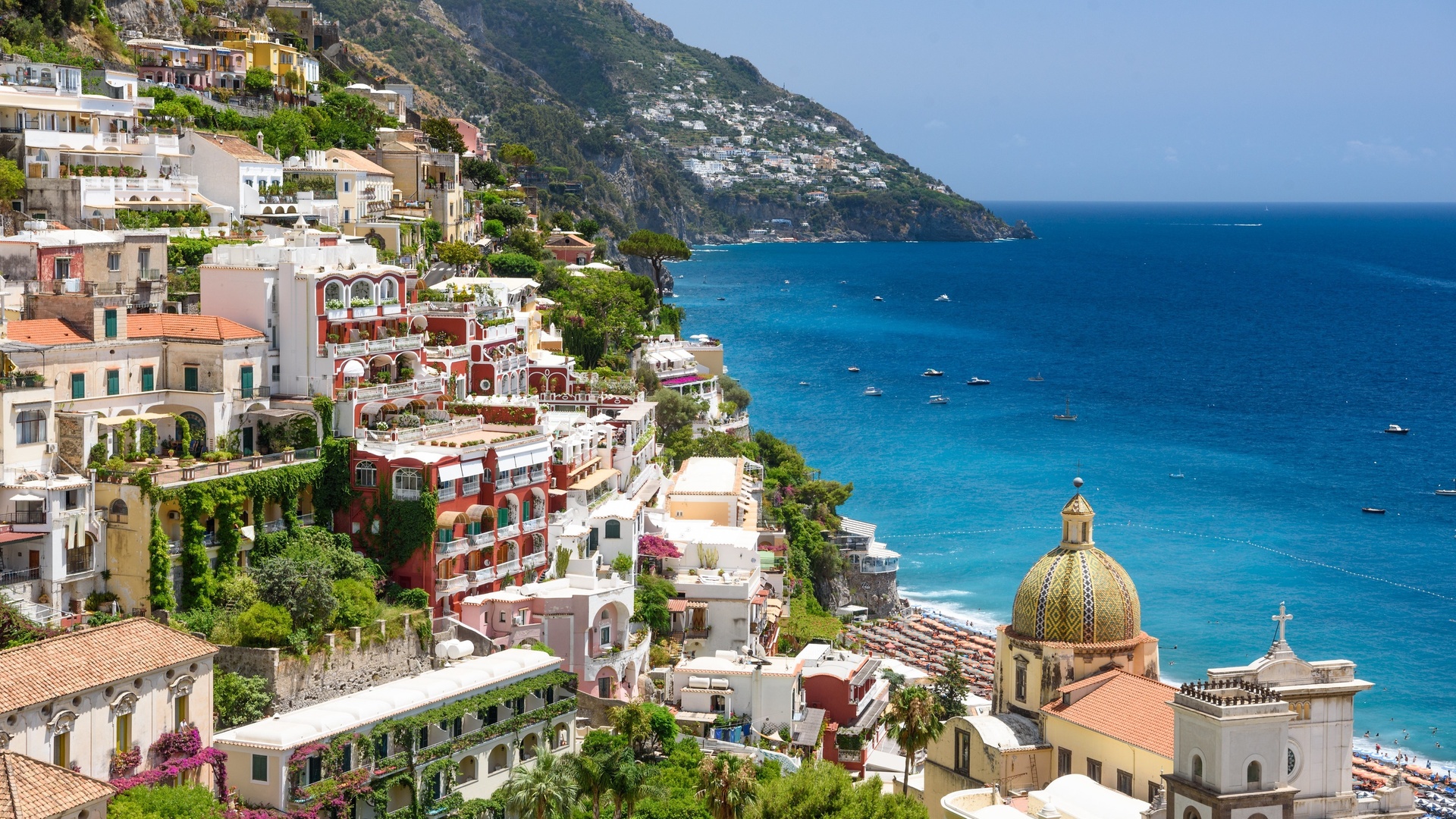 Картинки италия, море, побережье, дома, positano, campania, salerno, город  - обои 1920x1080, картинка №413619