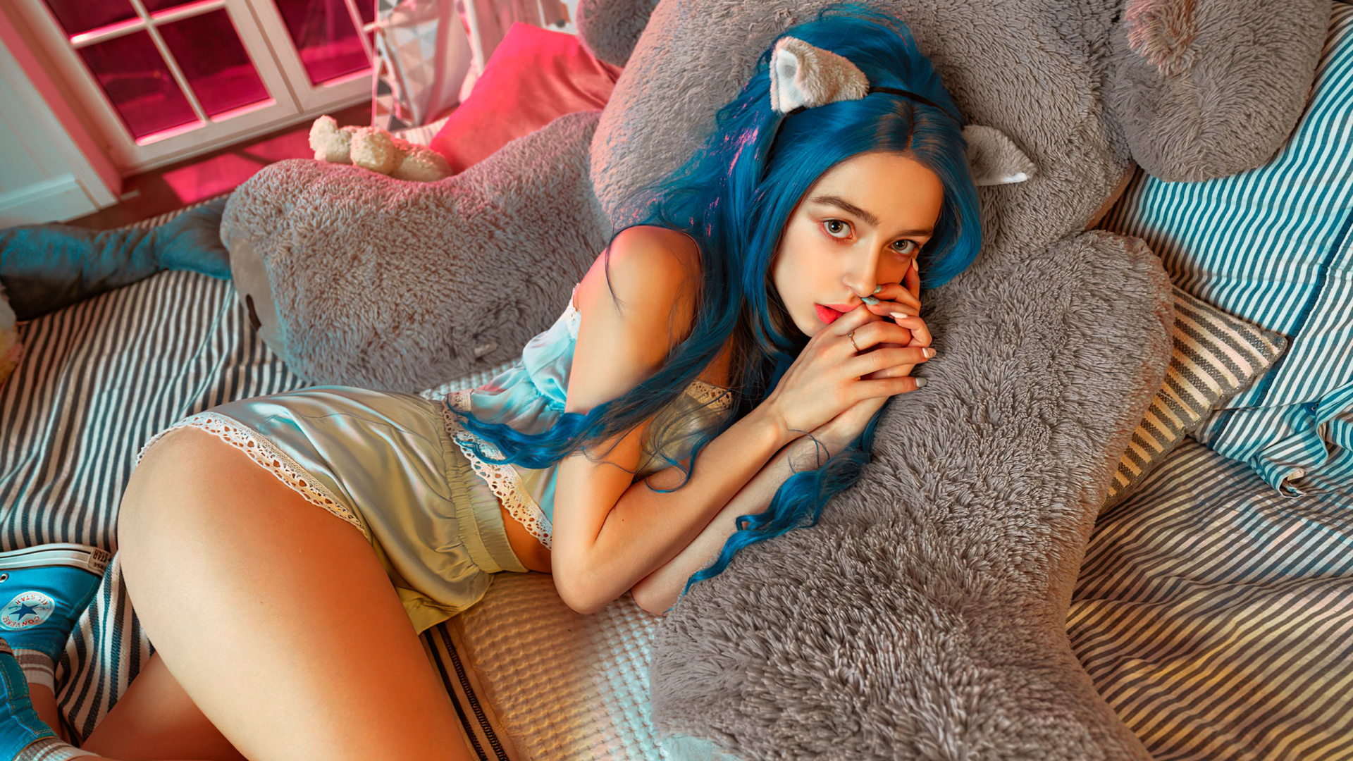 women, blue eyes, ass, converse, teddy bears, in bed, dyed hair, underwear, socks, women indoors, long hair, door,  