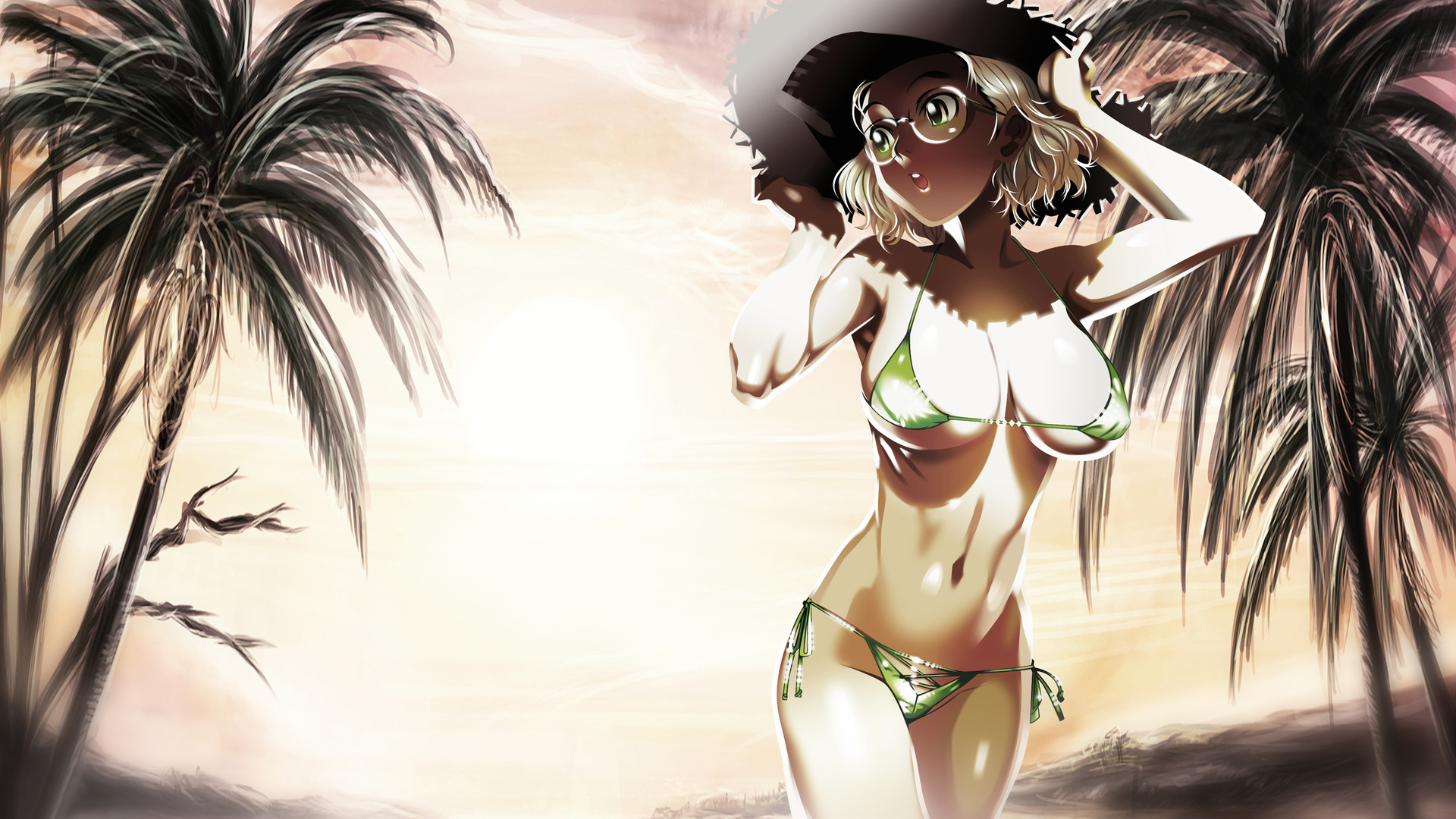 Картинки anime girl, beach, bikini, sunset, boobs, panties, sunglasses,  palms, blonde, green eyes - обои 1920x1080, картинка №416865