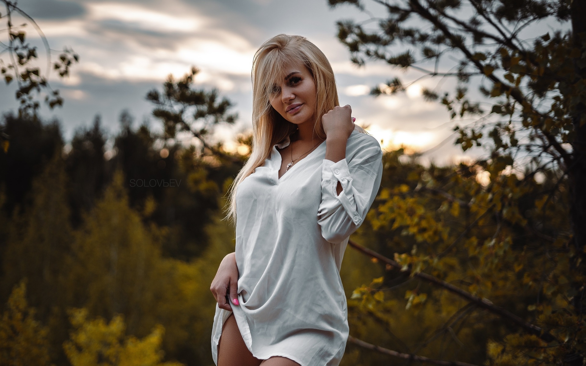 women, blonde, arina semionova, artem solovev, white shirt, brunette, smiling, nipples through clothing, necklace