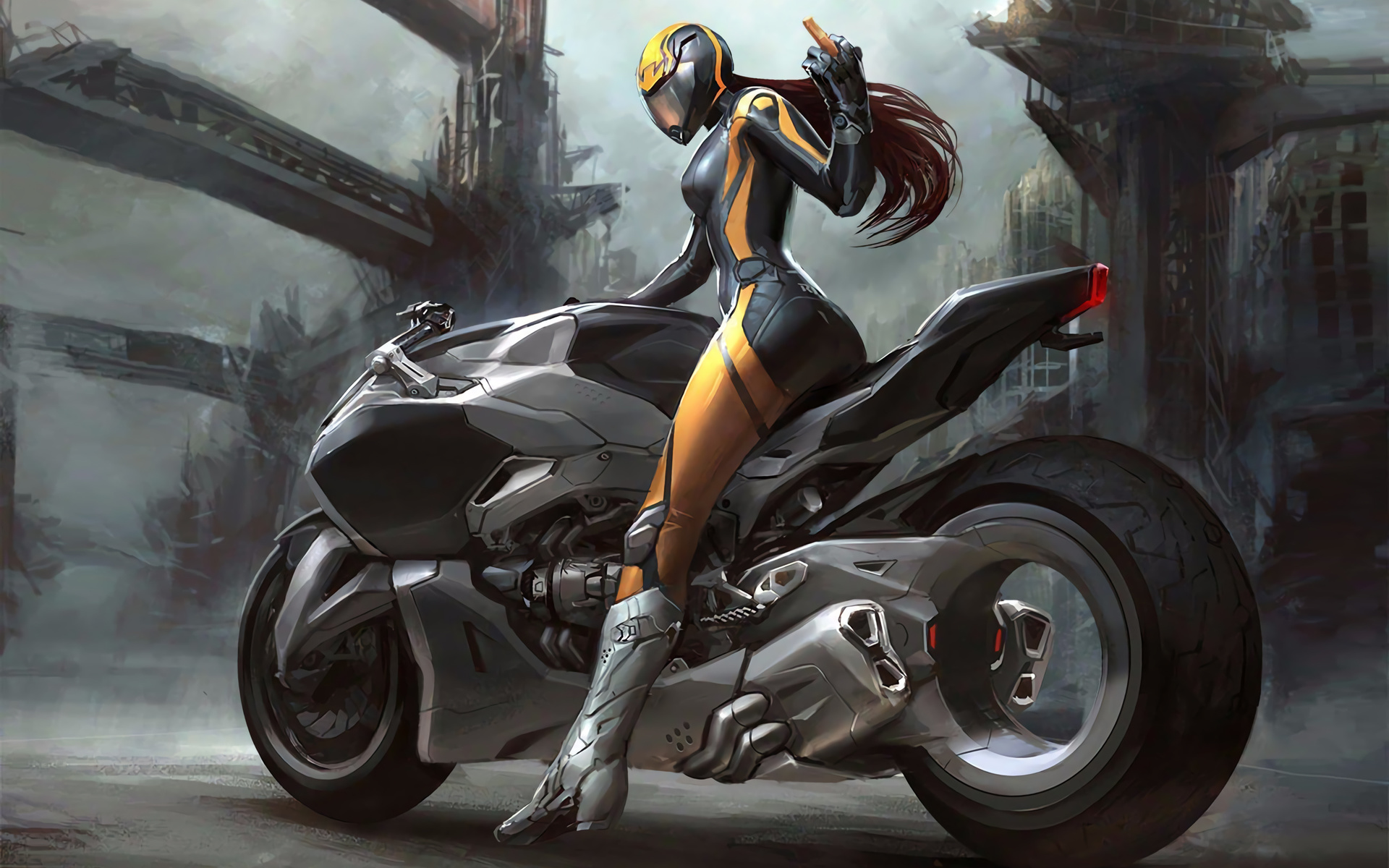 tracer, overwatch, game, girl, anime, brunette, motorcycle, road