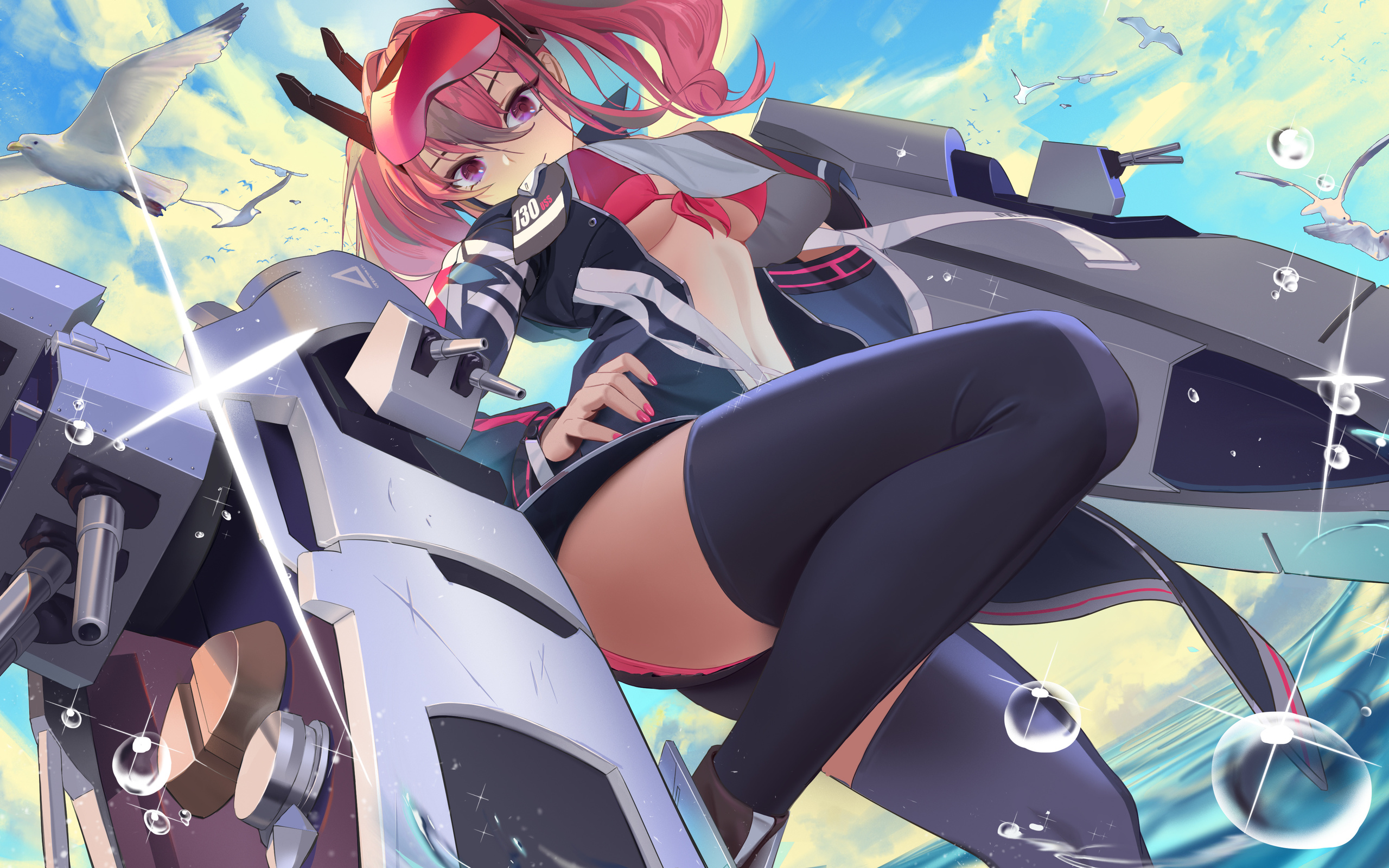 anime girl, girl, beautiful, art, azur lane, dress, bikini, stockings, beach, weapons, redhead