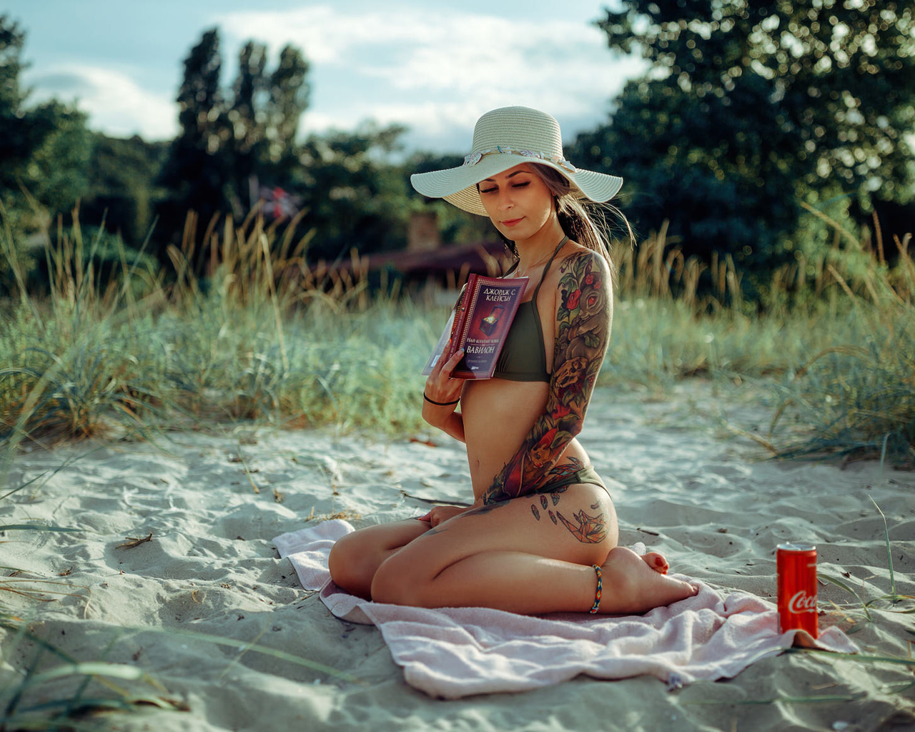 women, hat, bikini, brunette, women outdoors, books, tattoo, sand, sky, coca-cola, towel, belly